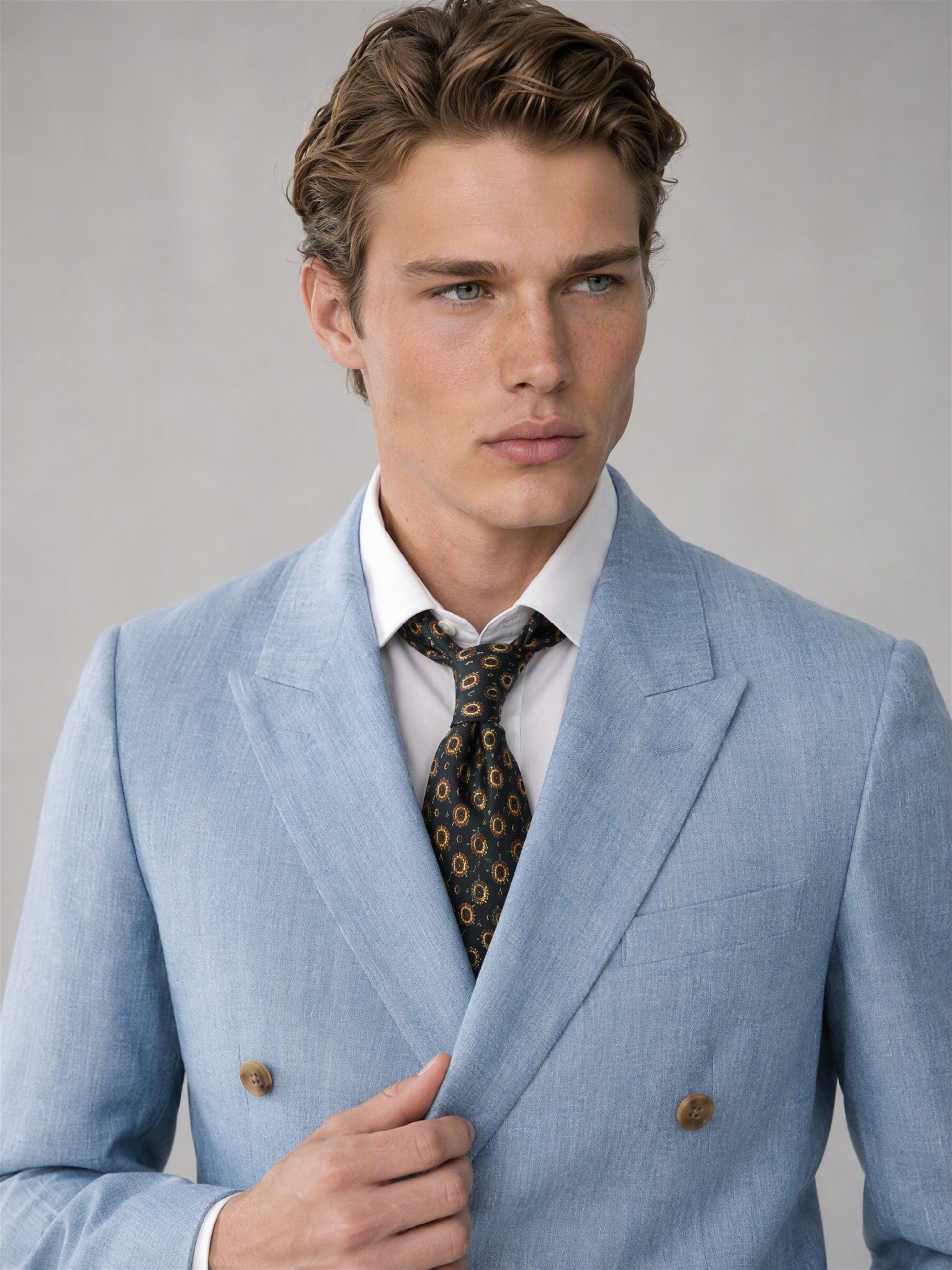 Savile sky blue linen double-breasted suit – back view, arms crossed showing center vent, structured shoulder and tapered trouser silhouette