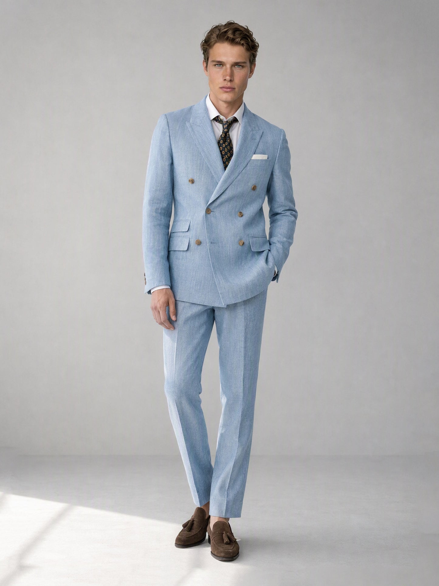 Savile sky blue linen double-breasted suit – close-up upper body, wide peak lapels, gold buttons, white pocket square and dark floral tie detail