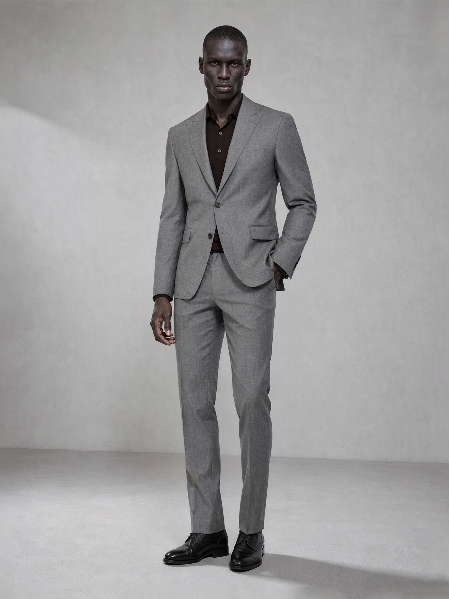 Savile grey wool blend suit – full-length front view, standing straight showing complete slim fit silhouette and black brogue oxfords