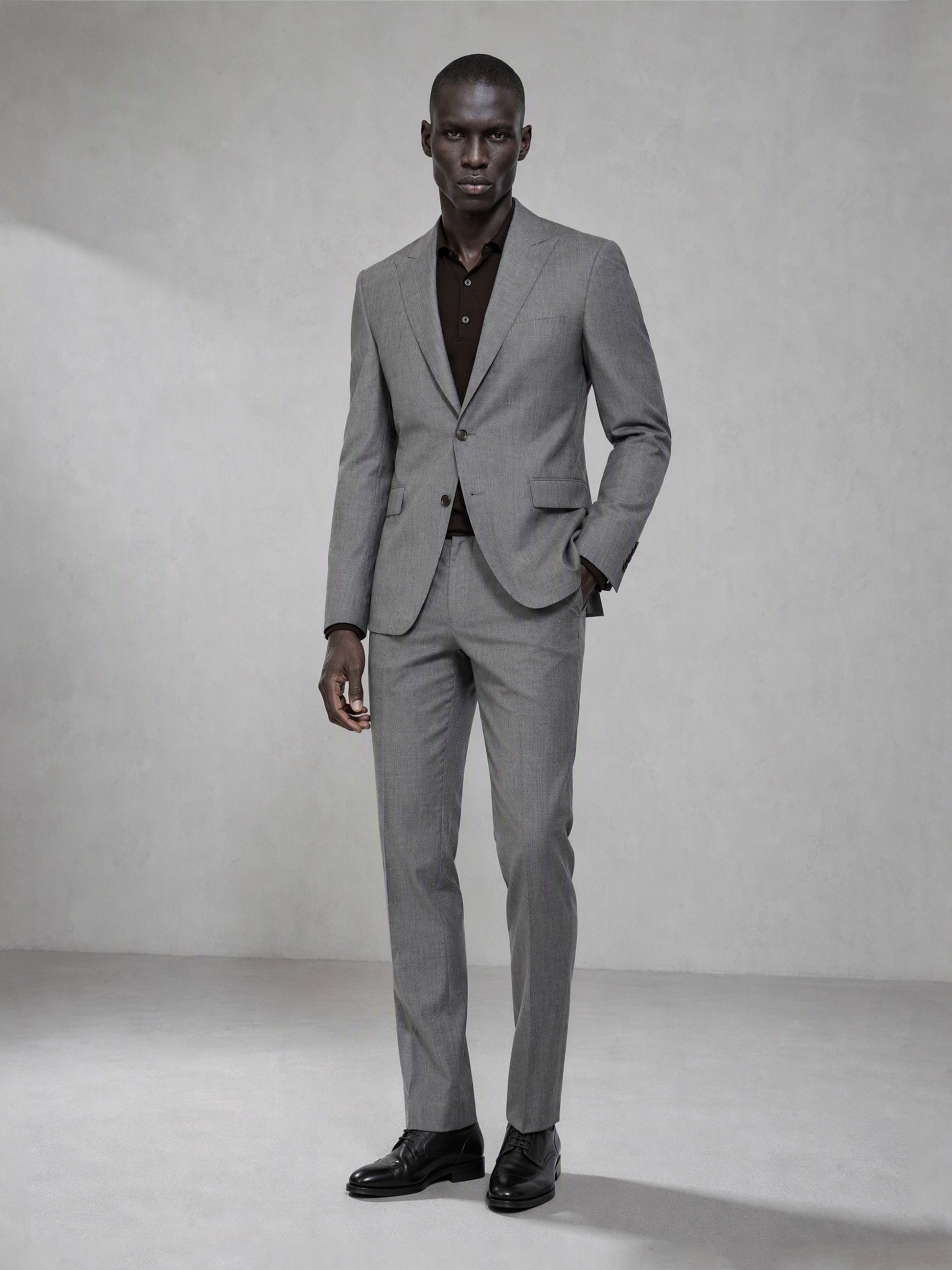Savile grey wool blend suit – full-length front view, standing straight showing complete slim fit silhouette and black brogue oxfords