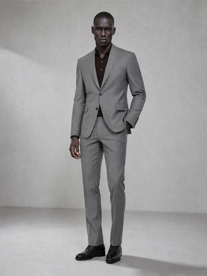 Savile grey wool blend suit – full-length front view, standing straight showing complete slim fit silhouette and black brogue oxfords