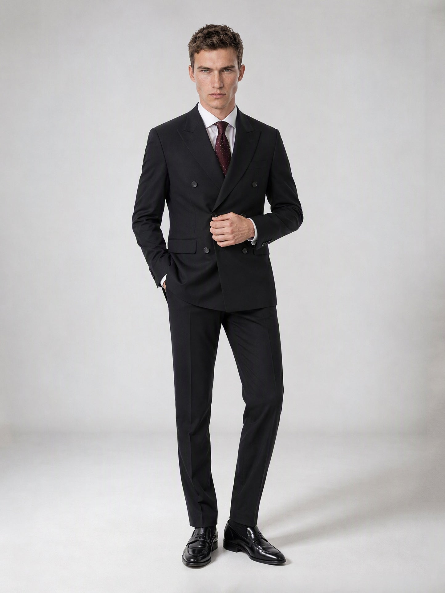 Men's Black Double-Breasted 2-Piece Suit – Full Body Front View