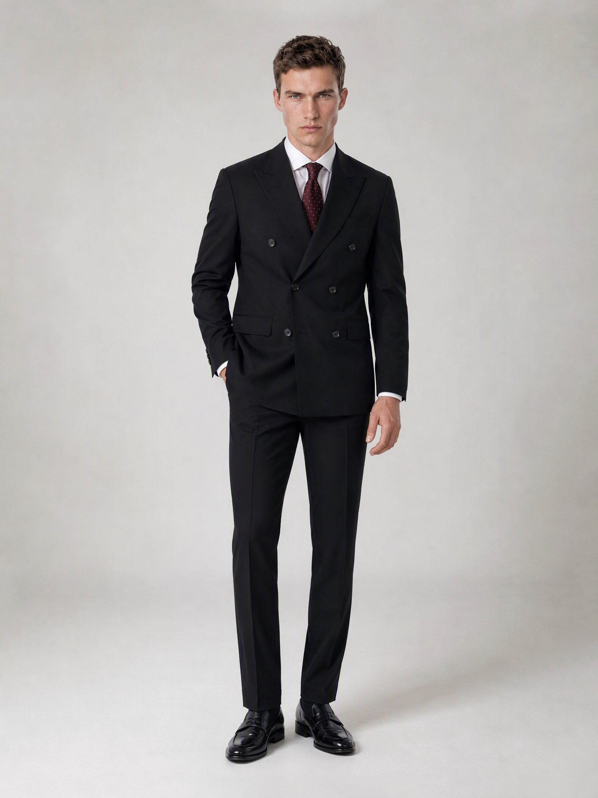 Men's Black Double-Breasted 2-Piece Suit – Front View Second Angle