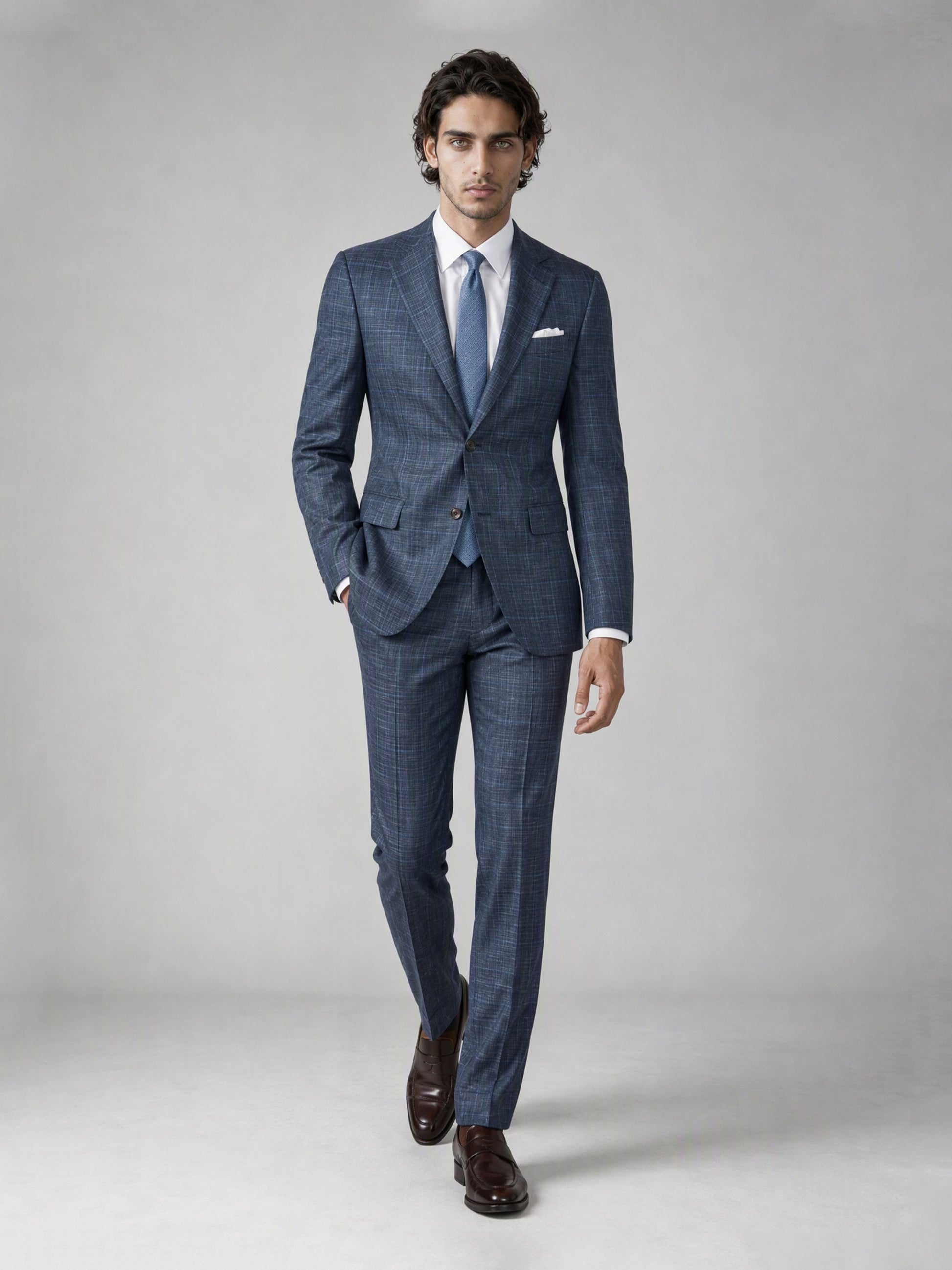 Men's Blue Plaid Slim-Fit 2-Piece Suit – Upper Body Front View
