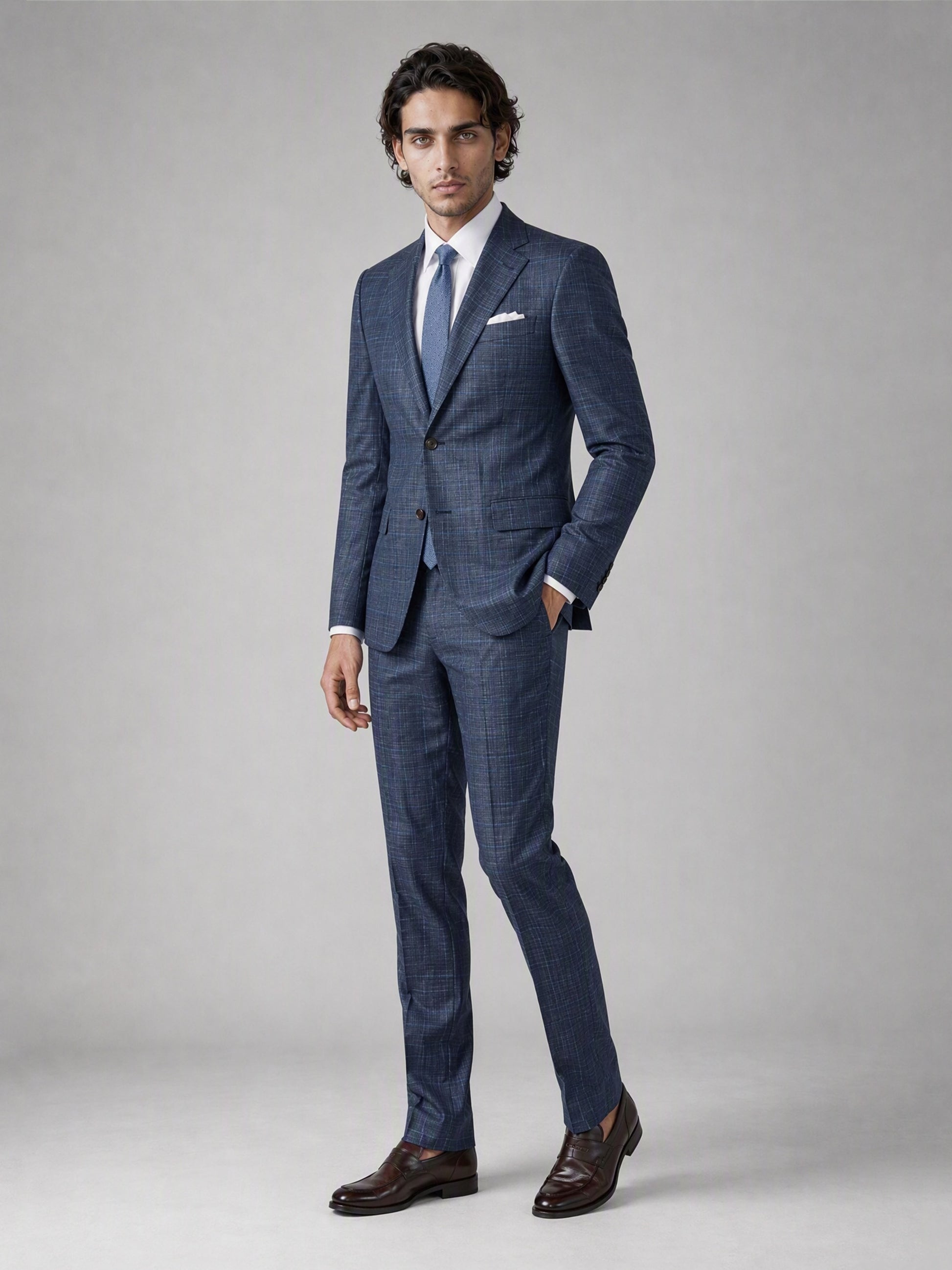 Men's Blue Plaid Slim-Fit 2-Piece Suit – Full Body Front View