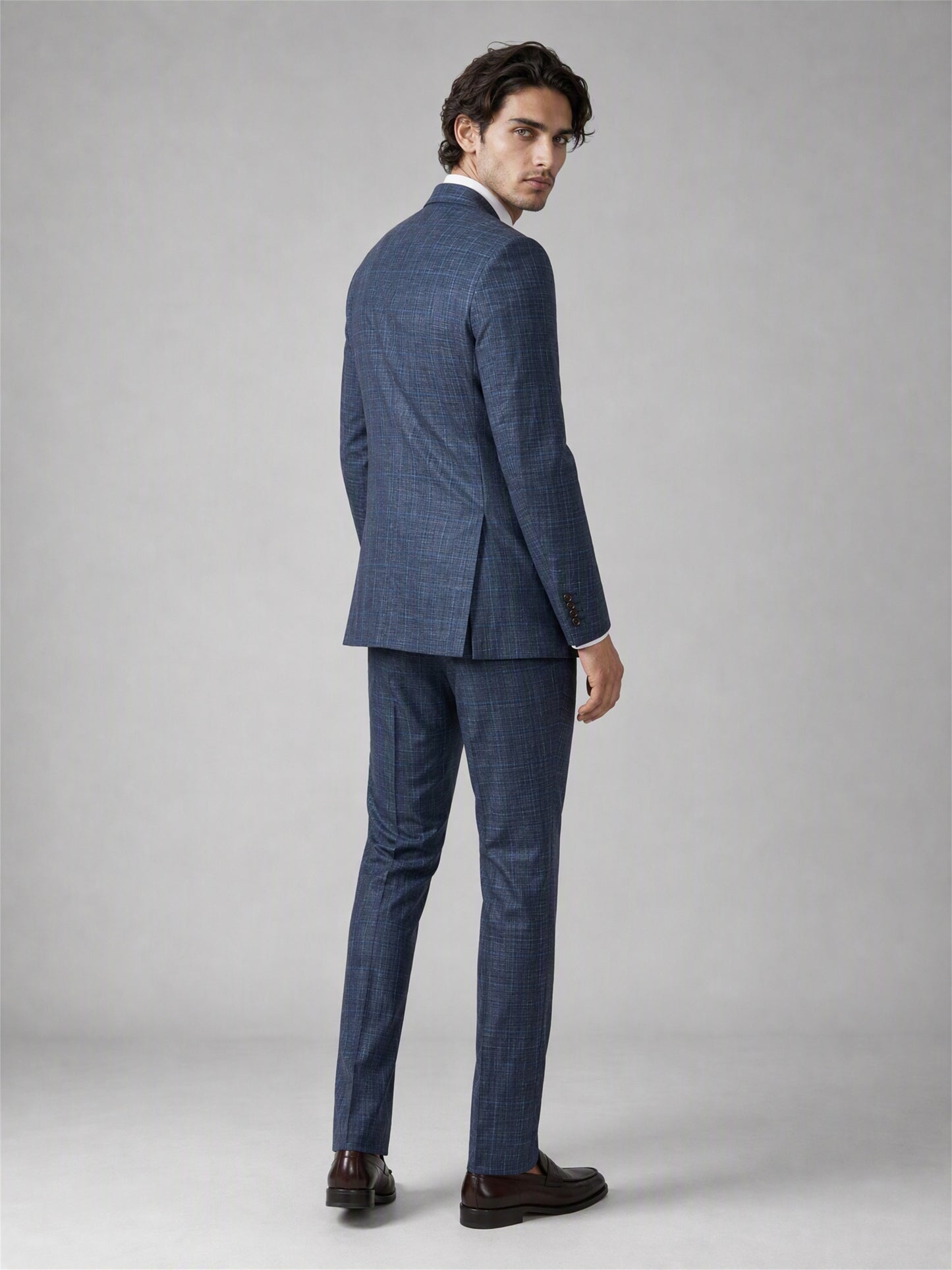 Men's Blue Plaid Slim-Fit 2-Piece Suit – Full Body Front Third Angle