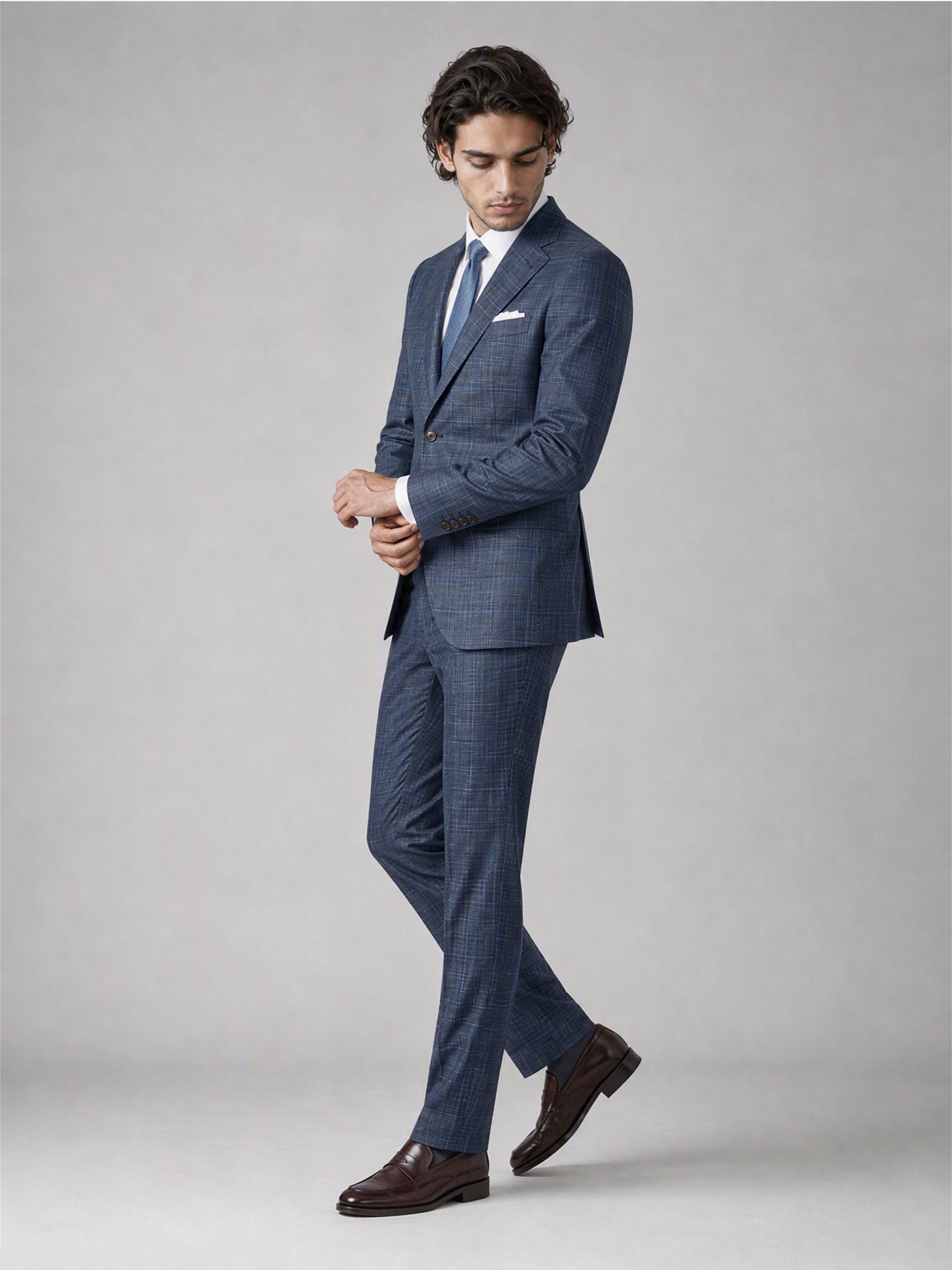 Men's Blue Plaid Slim-Fit 2-Piece Suit – Back View