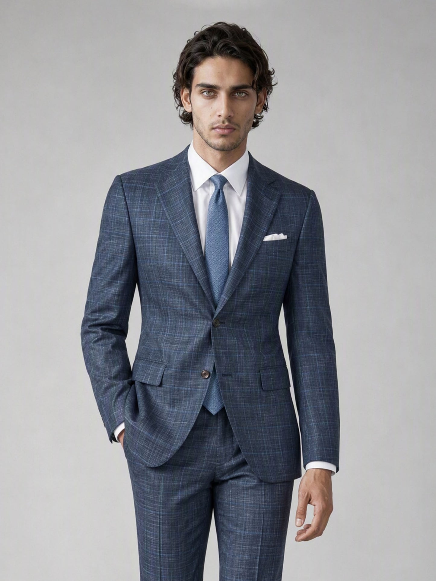 Men's Blue Plaid Slim-Fit 2-Piece Suit – Side Dynamic View