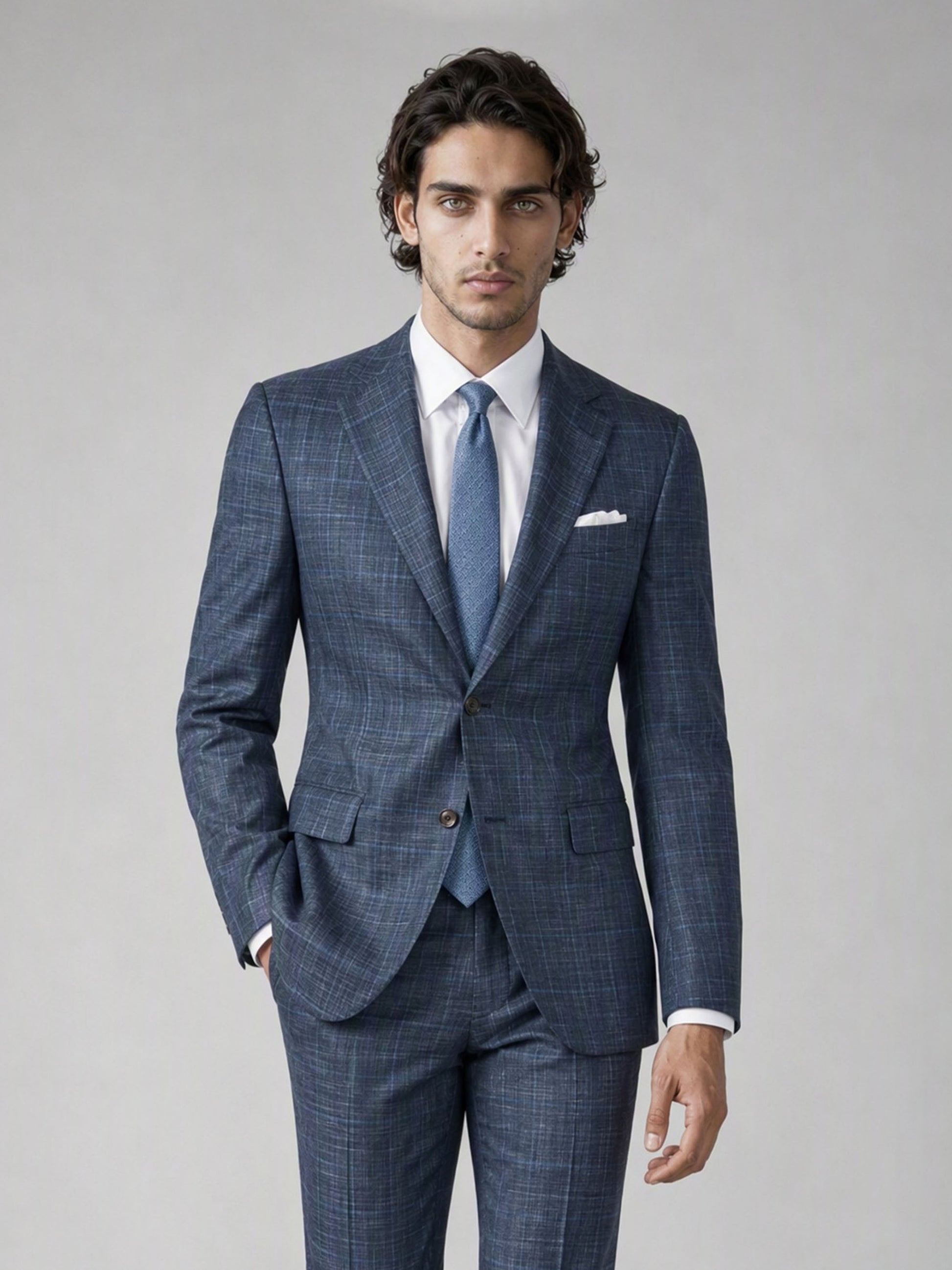 Men's Blue Plaid Slim-Fit 2-Piece Suit – Side Dynamic View