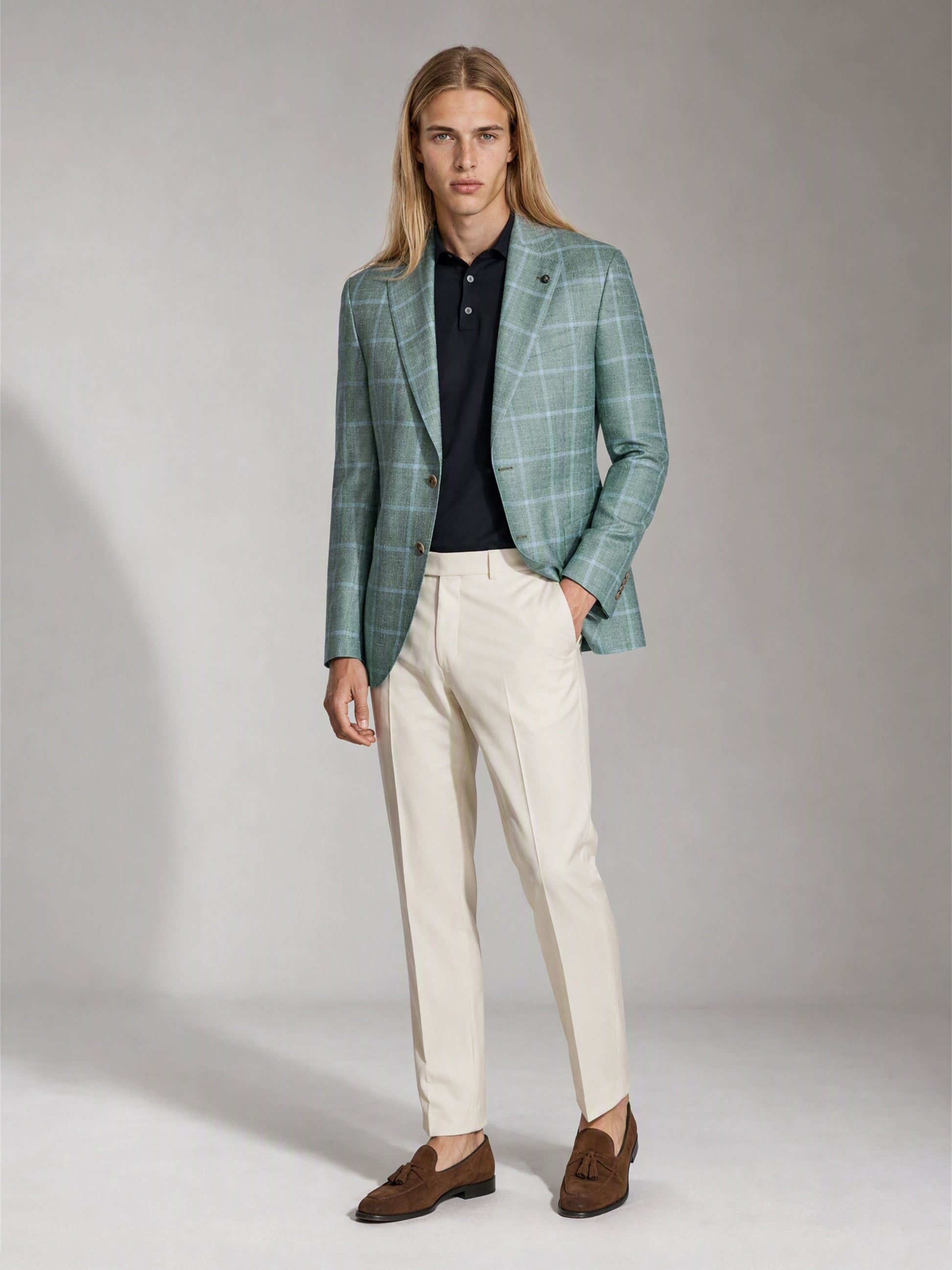 Men's Sage Green Plaid Slim-Fit Blazer – Upper Body Front View