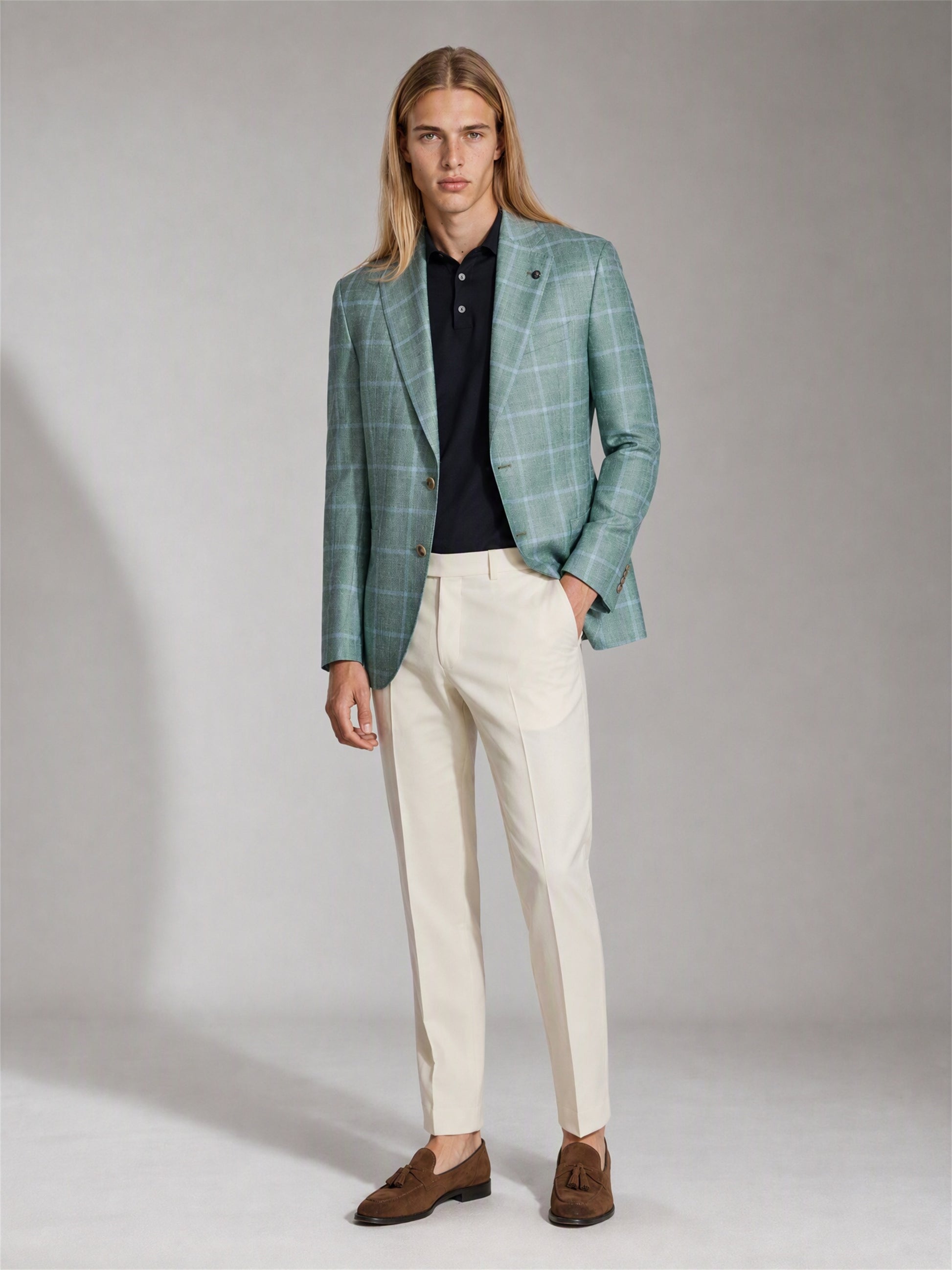 Men's Sage Green Plaid Slim-Fit Blazer – Full Body Front View