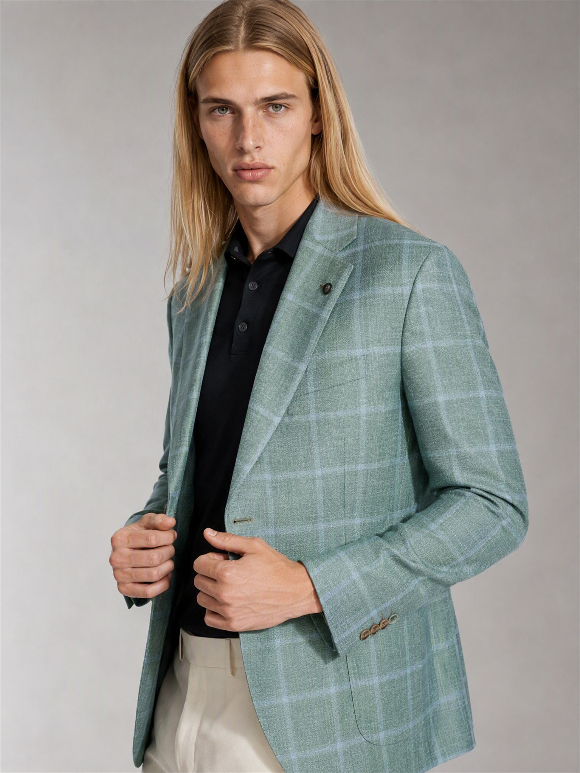 Men's Sage Green Plaid Slim-Fit Blazer – Full Body Front Second Angle