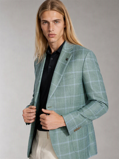 Men's Sage Green Plaid Slim-Fit Blazer – Full Body Front Second Angle