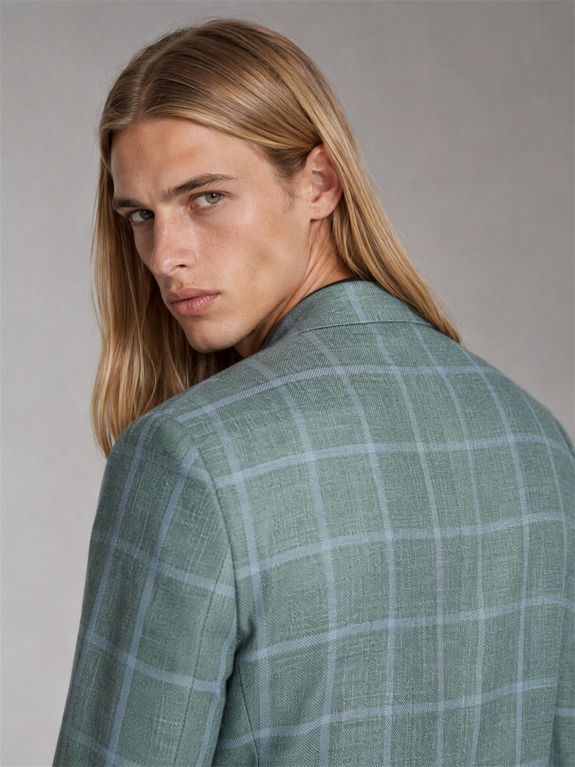 Men's Sage Green Plaid Slim-Fit Blazer – Open Jacket Close-Up