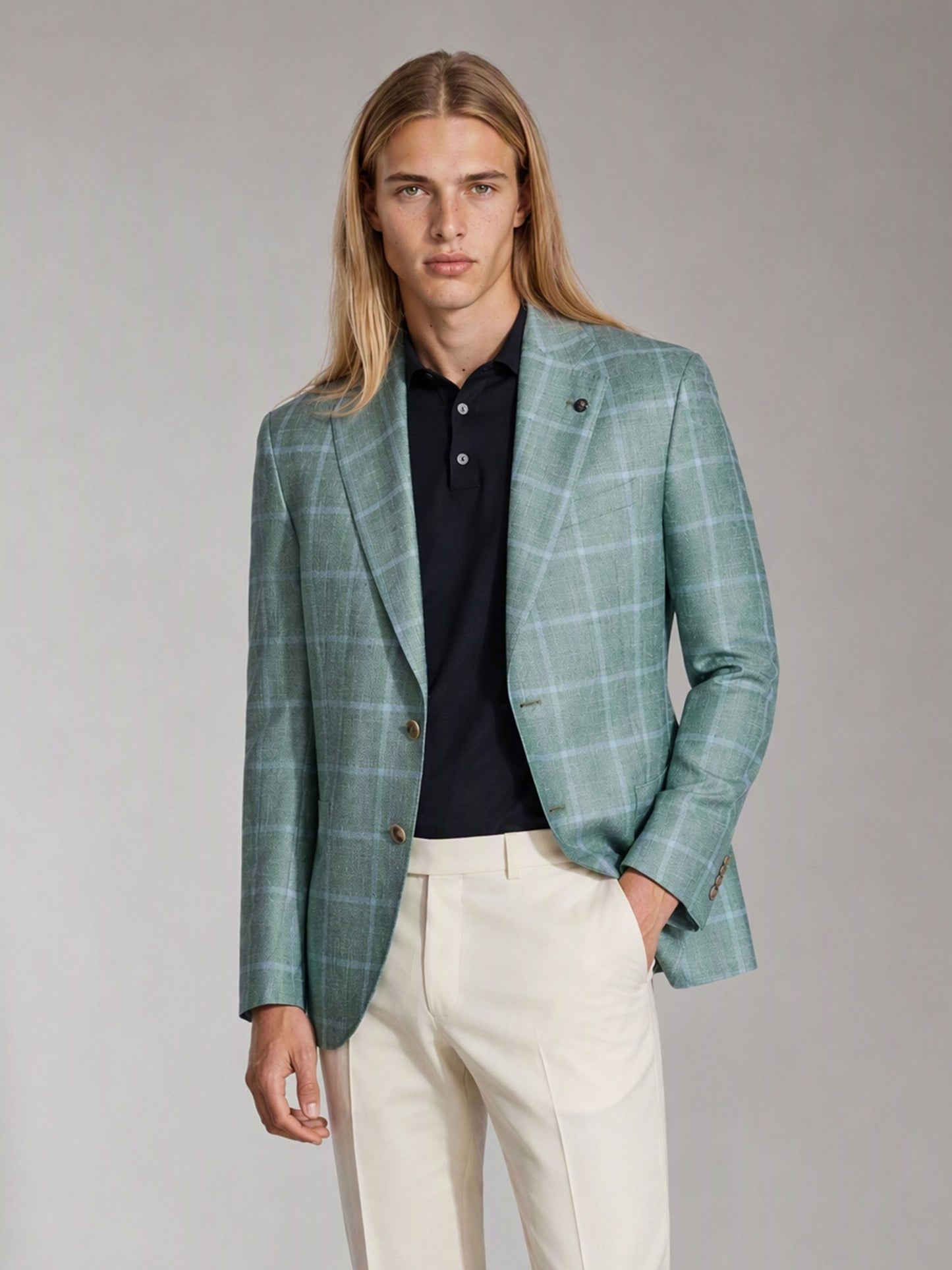 Men's Sage Green Plaid Slim-Fit Blazer – Back Fabric Detail