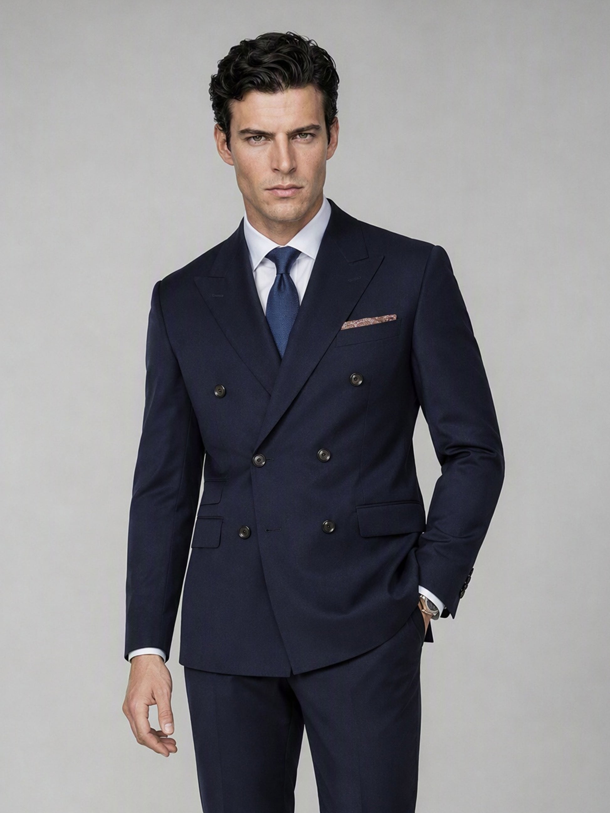 Men's Navy Blue Double-Breasted 3-Piece Suit – Upper Body Front View