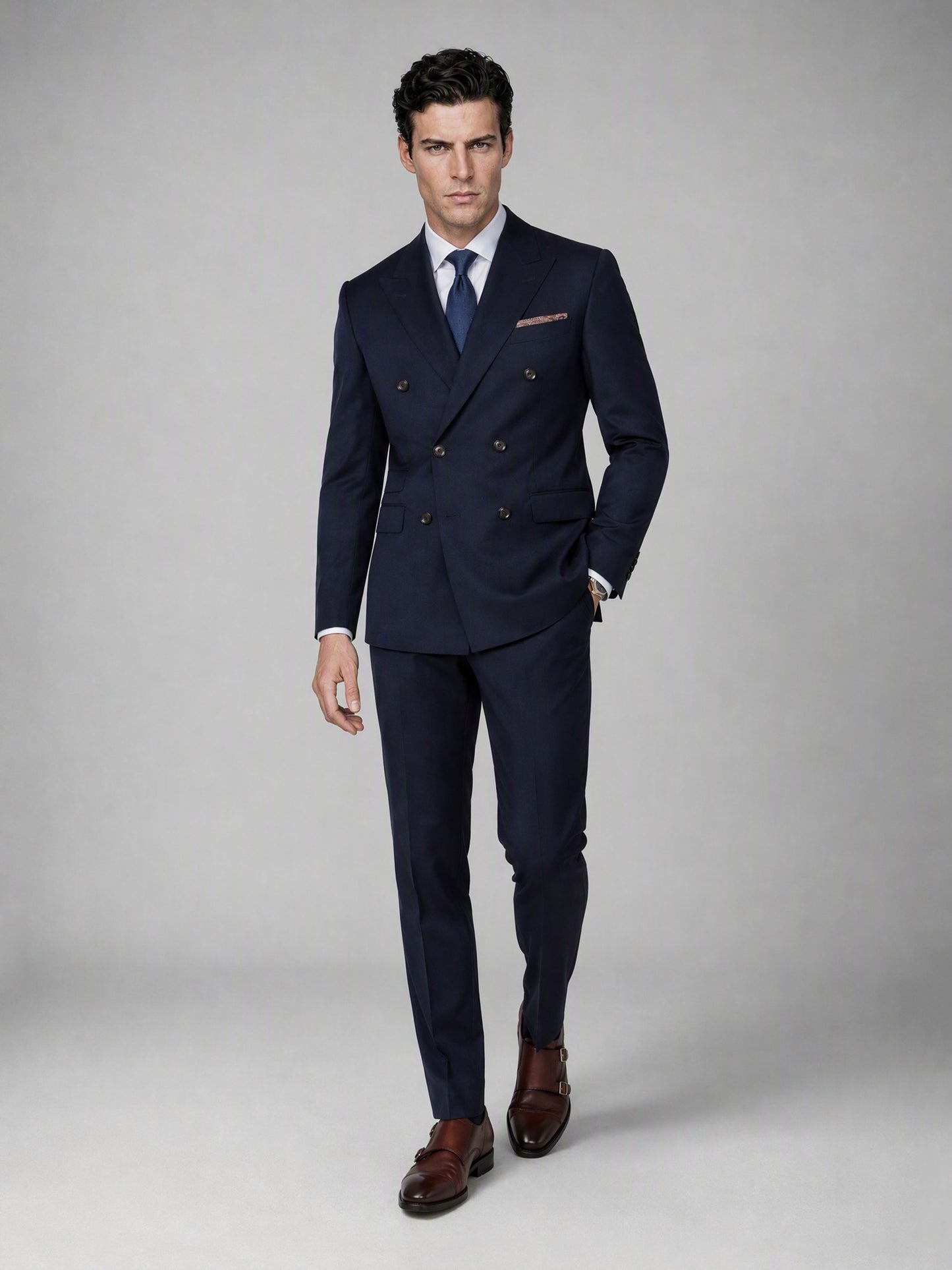 Men's Navy Blue Double-Breasted 3-Piece Suit – Full Body Front View