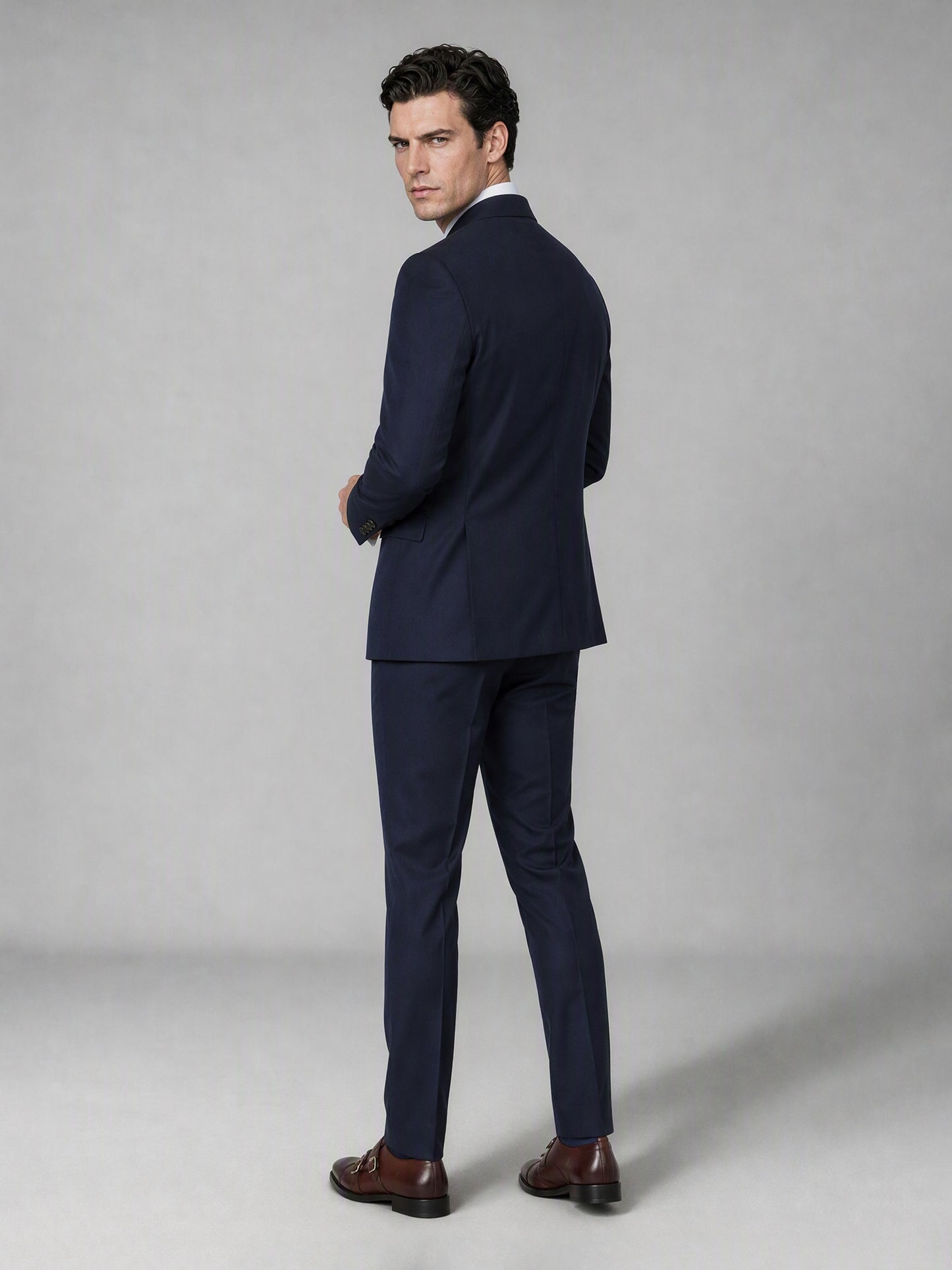 Men's Navy Blue Double-Breasted 3-Piece Suit – Back View