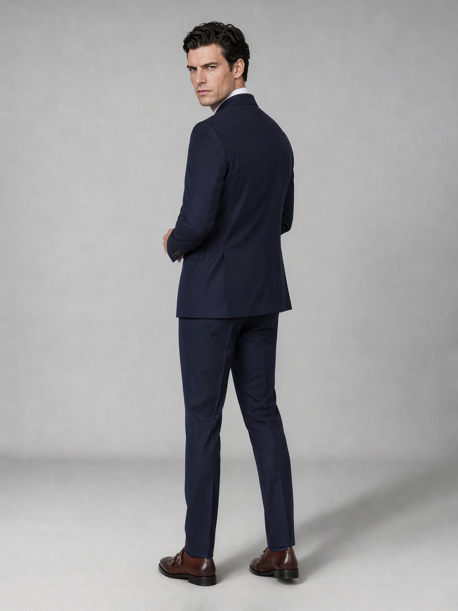 Men's Navy Blue Double-Breasted 3-Piece Suit – Back View