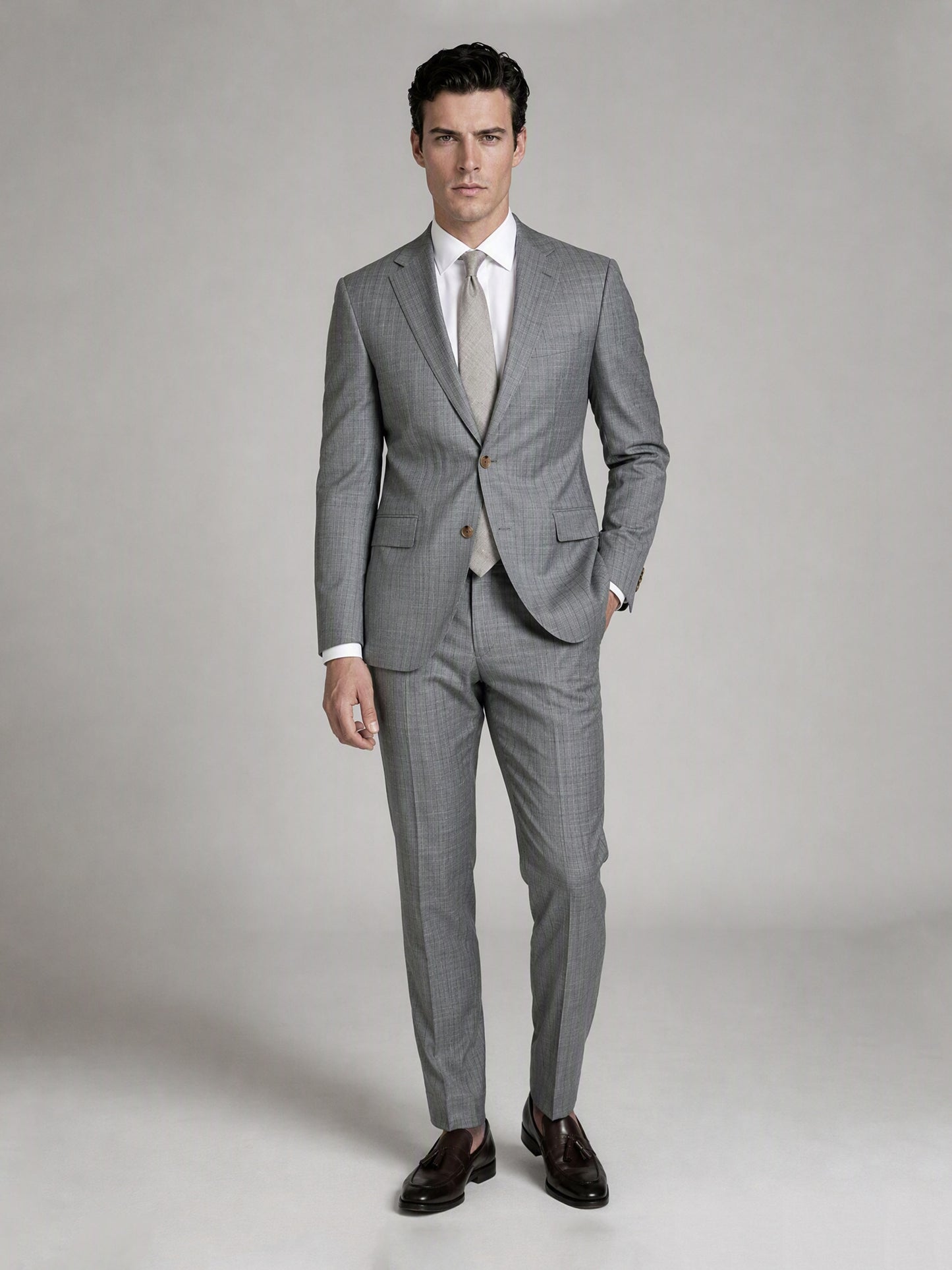 Men's Light Grey Slim-Fit 3-Piece Suit – Full Body Front View