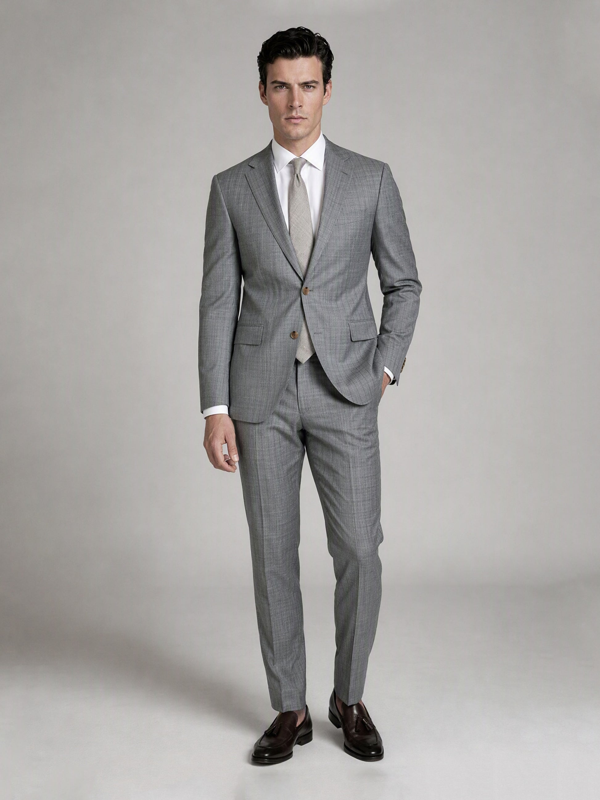 Men's Light Grey Slim-Fit 3-Piece Suit – Full Body Front View