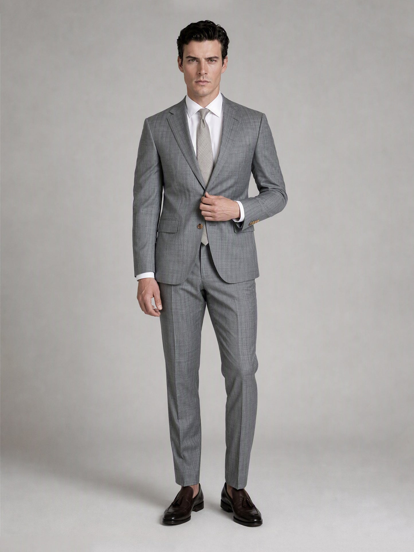 Men's Light Grey Slim-Fit 3-Piece Suit – Full Body Front Second Angle