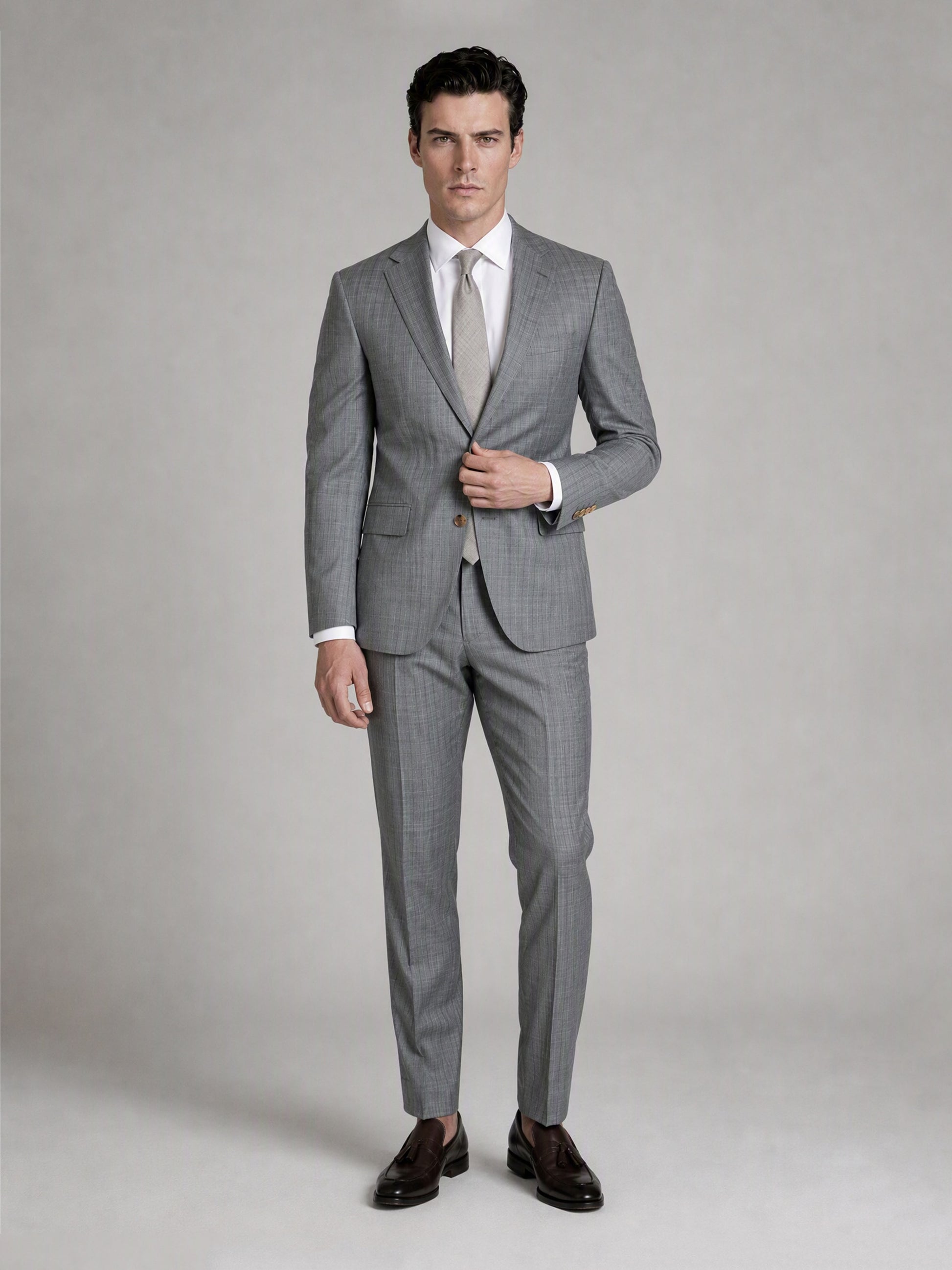 Men's Light Grey Slim-Fit 3-Piece Suit – Full Body Front Second Angle