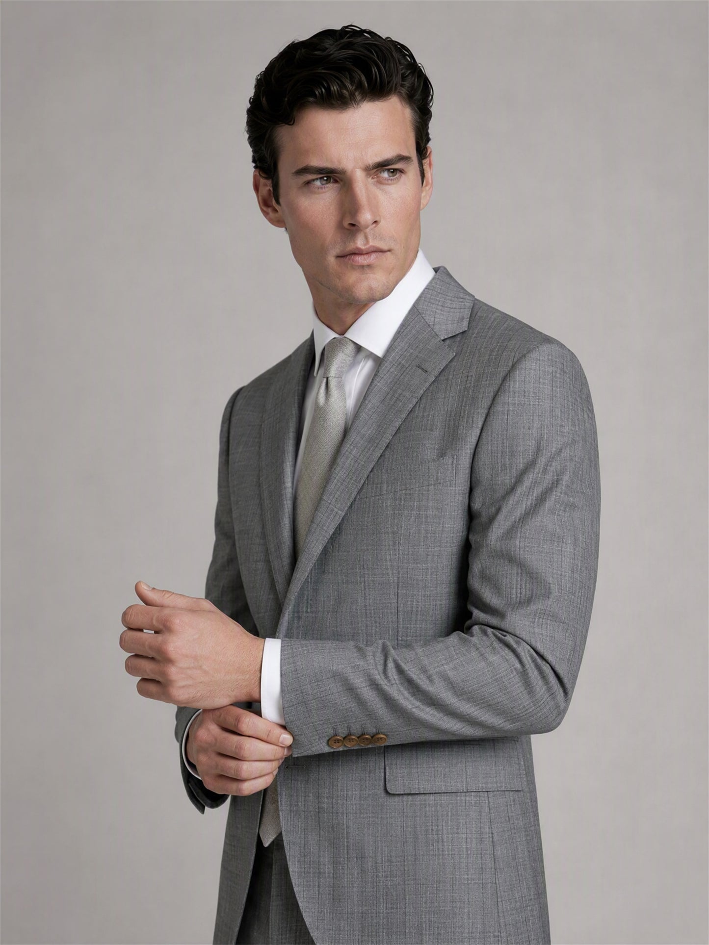 Men's Light Grey Slim-Fit 3-Piece Suit – Full Body Front Lapel Detail