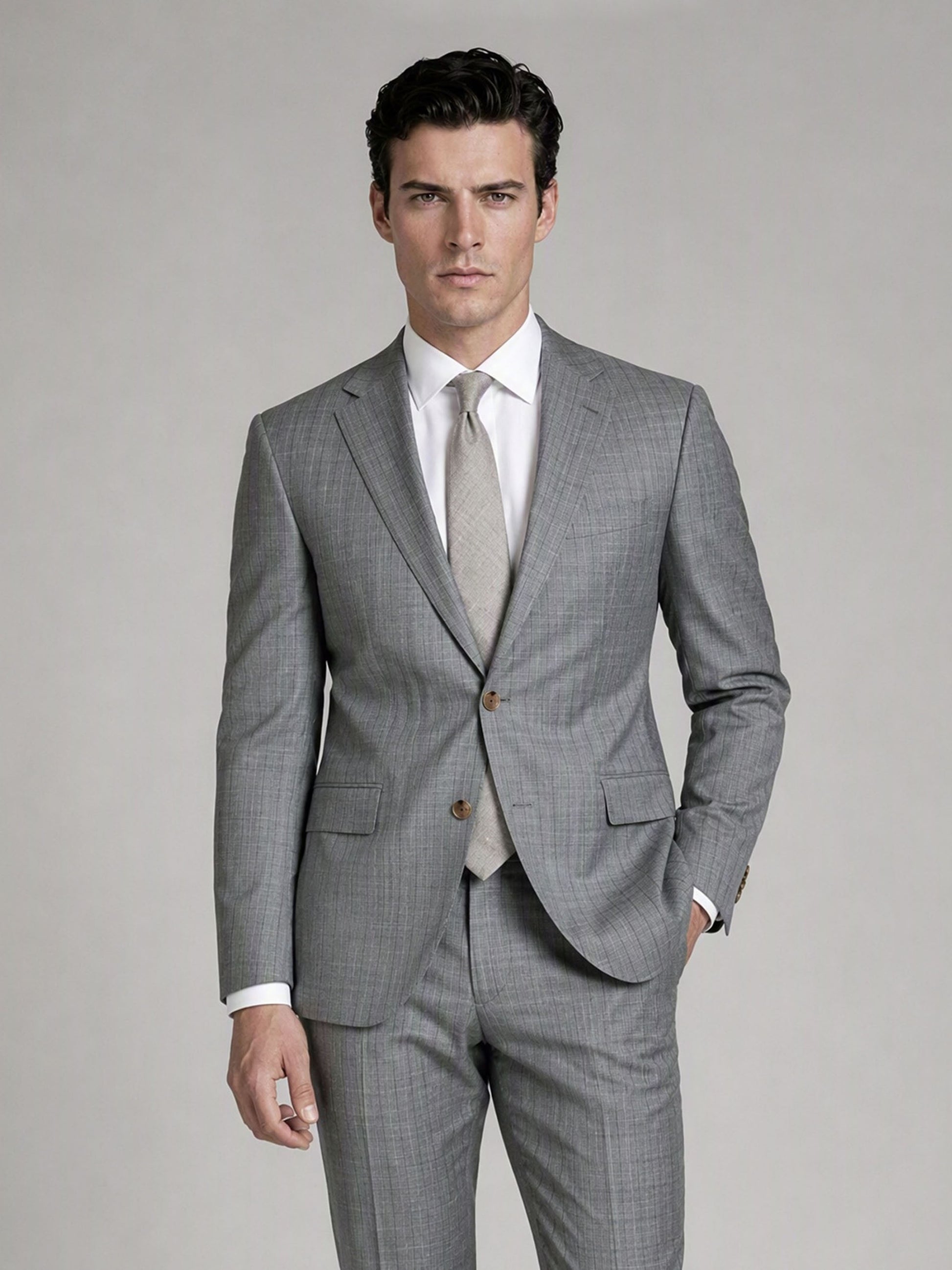 Men's Light Grey Slim-Fit 3-Piece Suit – Upper Body Cuff Close-Up