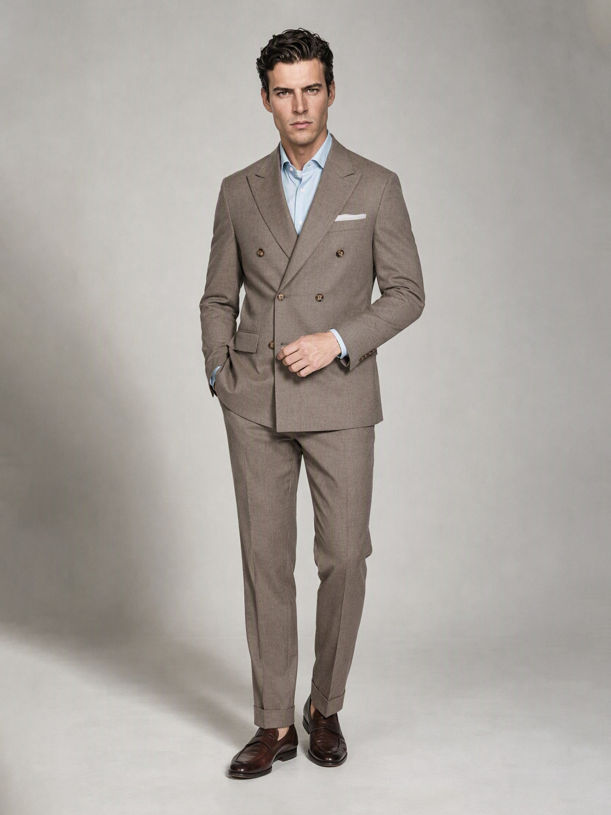 Men's Khaki Brown Double-Breasted 3-Piece Suit – Full Body Front View