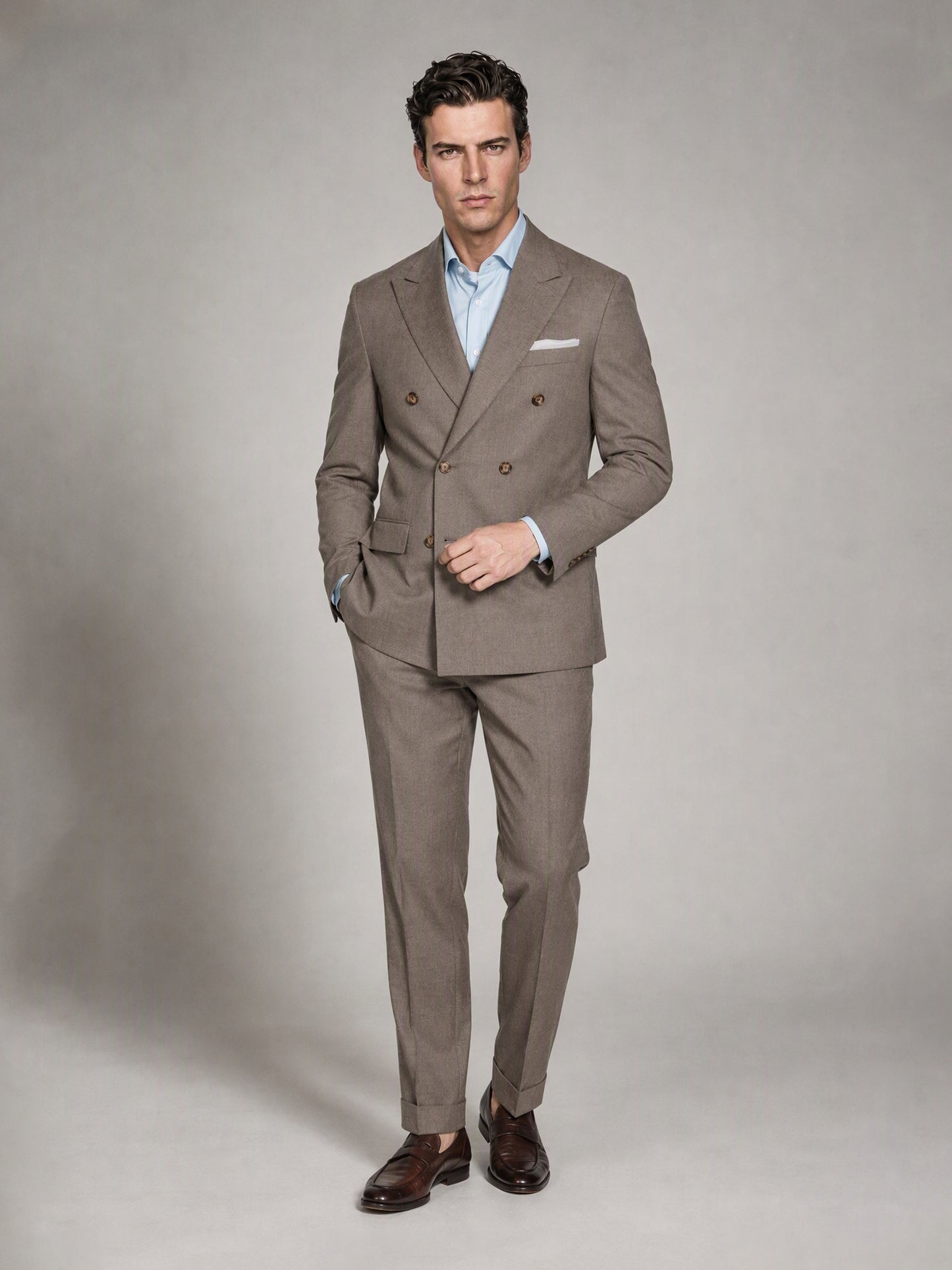 Men's Khaki Brown Double-Breasted 3-Piece Suit – Full Body Front Second Angle