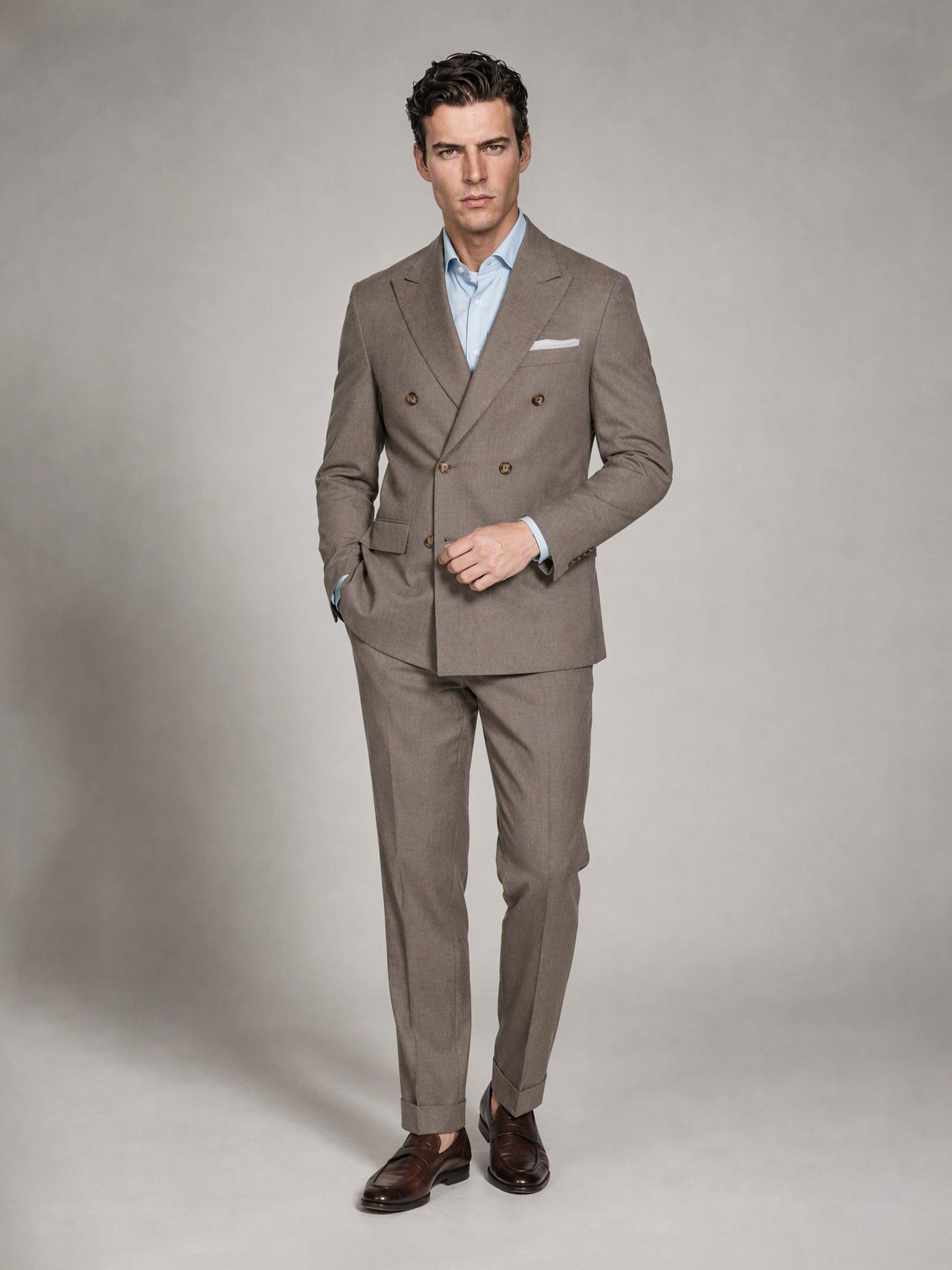 Men's Khaki Brown Double-Breasted 3-Piece Suit – Full Body Front Second Angle