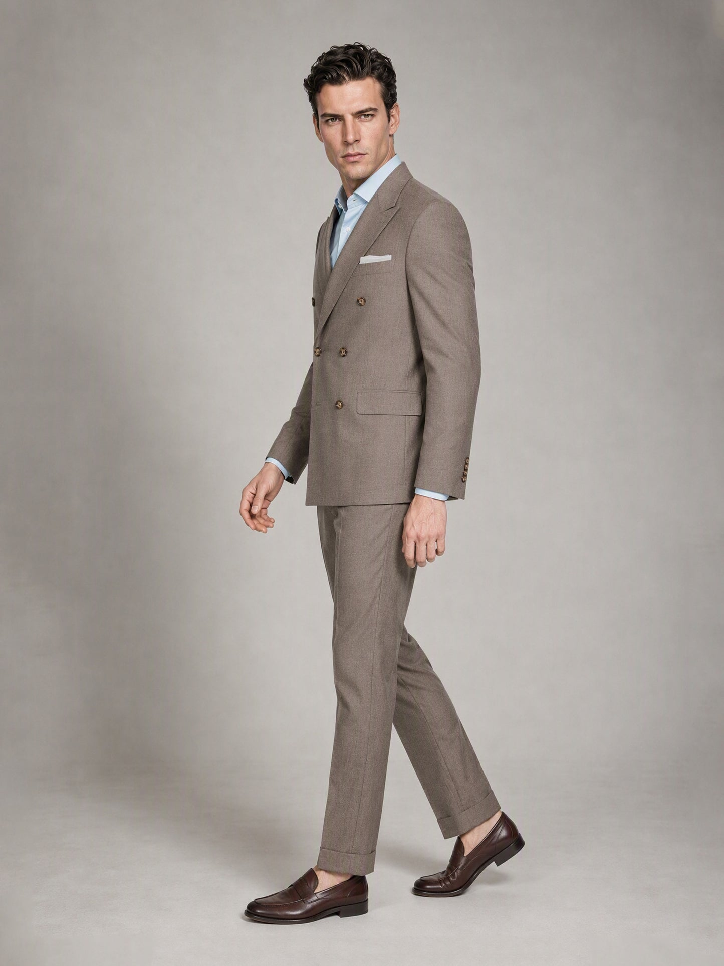Men's Khaki Brown Double-Breasted 3-Piece Suit – Side Walking View