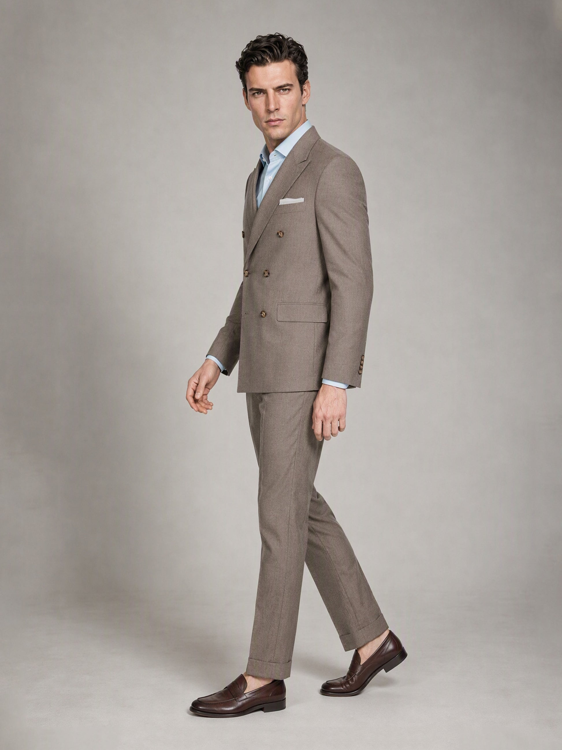 Men's Khaki Brown Double-Breasted 3-Piece Suit – Side Walking View