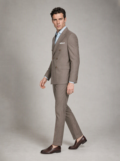 Men's Khaki Brown Double-Breasted 2-Piece Suit – Side Walking View