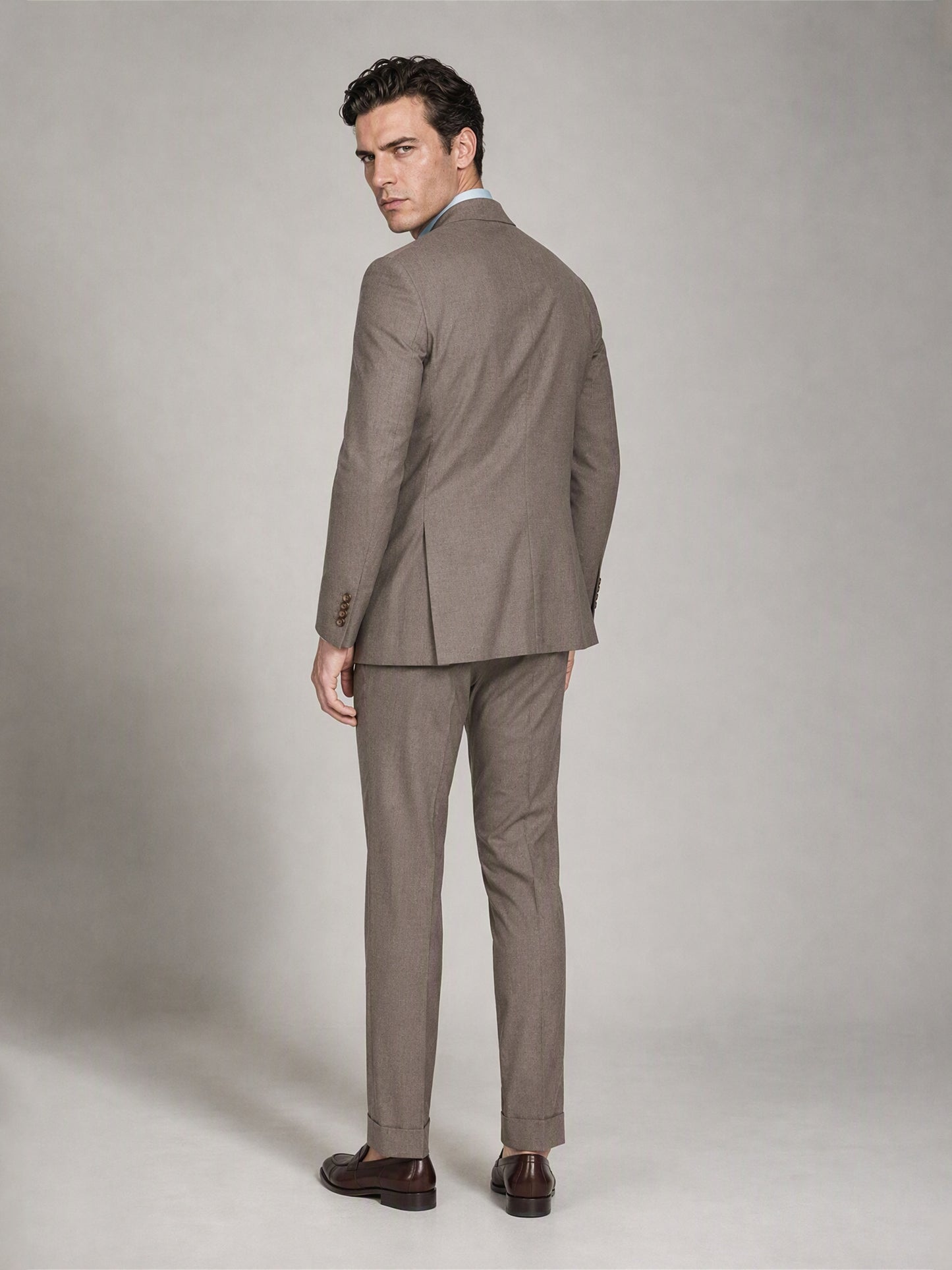 Men's Khaki Brown Double-Breasted 3-Piece Suit – Back View