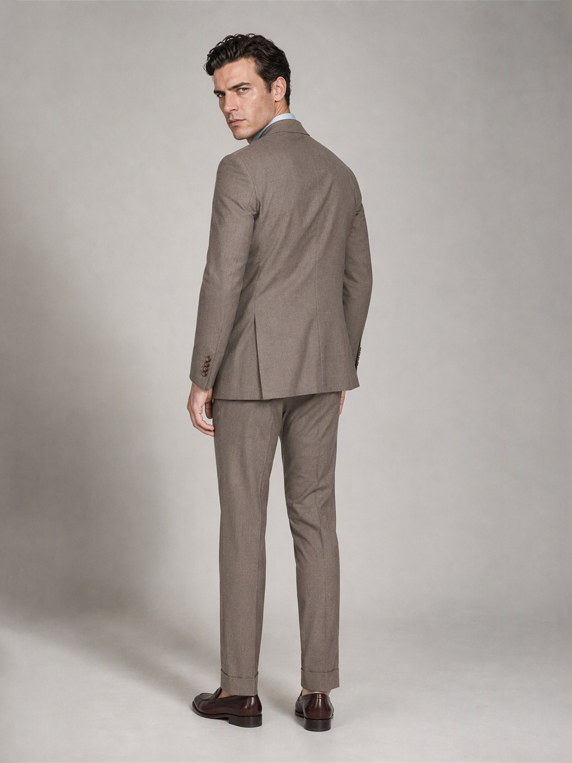 Men's Khaki Brown Double-Breasted 3-Piece Suit – Back View