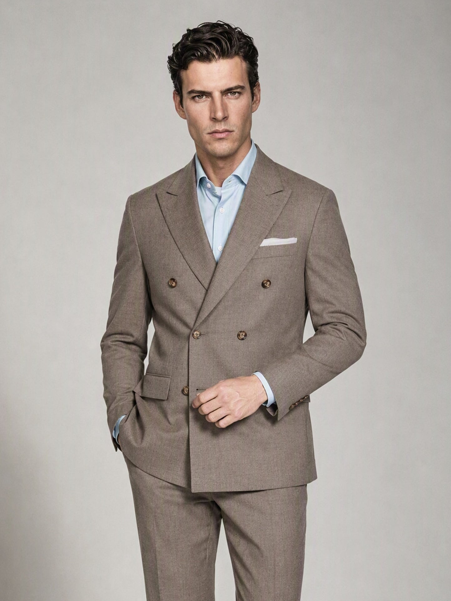 Men's Khaki Brown Double-Breasted 3-Piece Suit – Upper Body Close-Up