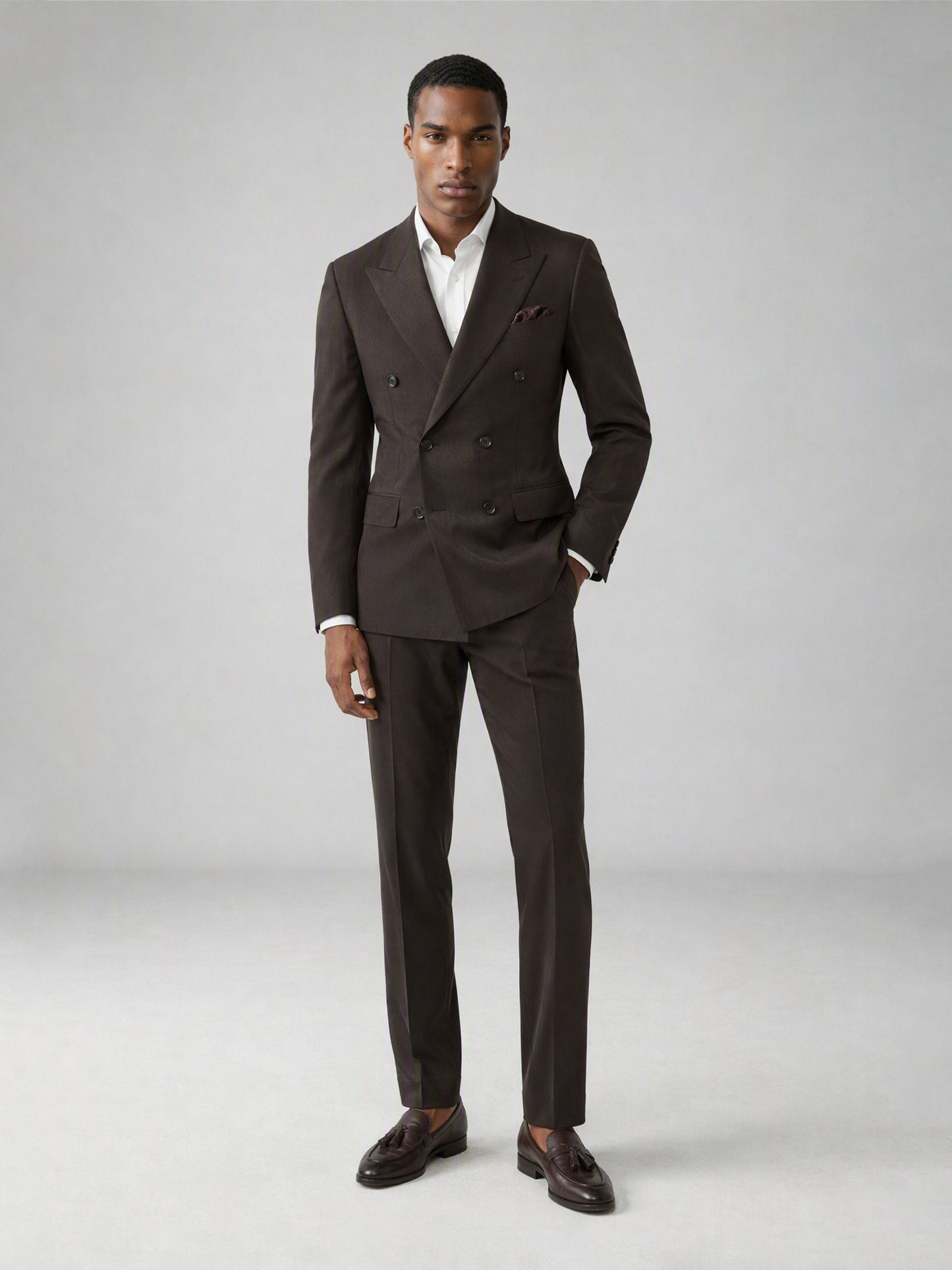 Men's Dark Brown Double-Breasted 3-Piece Suit – Full Body Front View