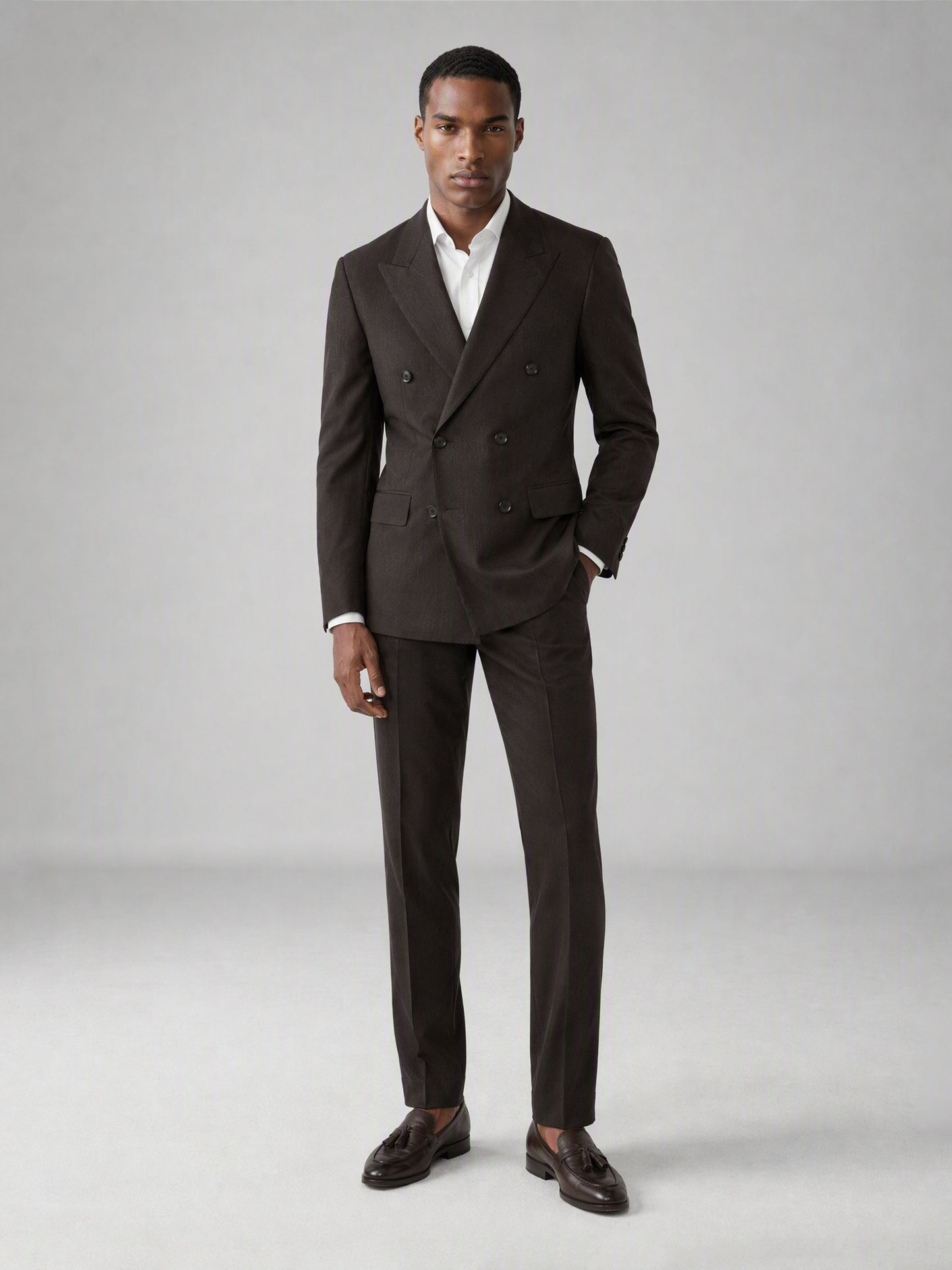 Men's Dark Brown Double-Breasted 3-Piece Suit – Full Body Front Second Angle