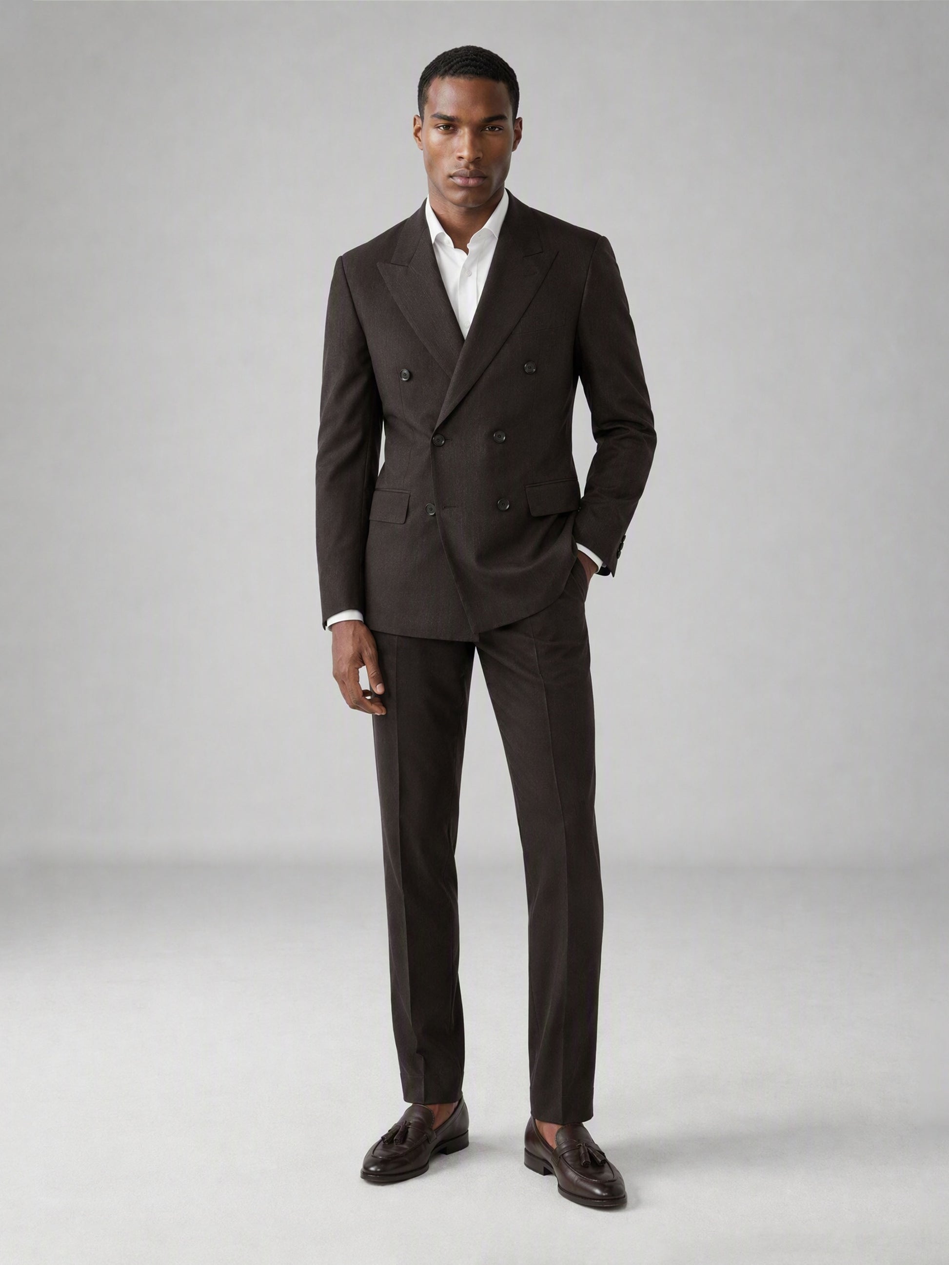 Men's Dark Brown Double-Breasted 3-Piece Suit – Full Body Front Second Angle