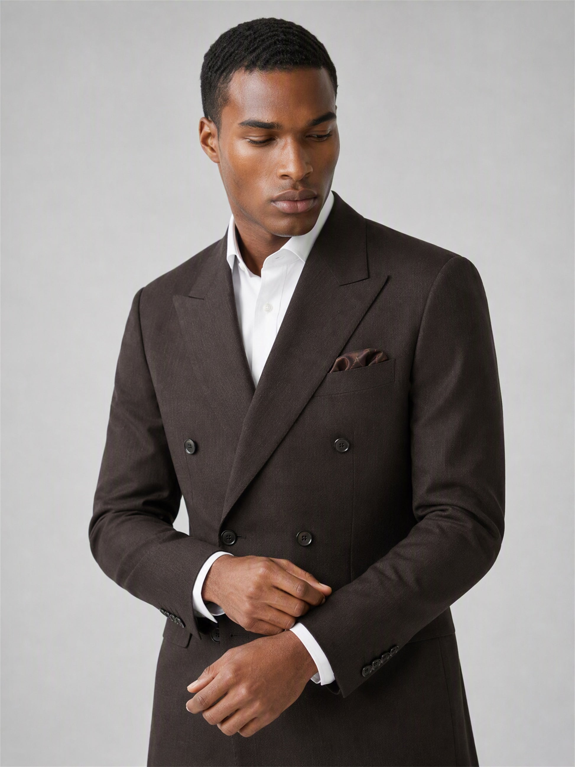 Men's Dark Brown Double-Breasted 3-Piece Suit – Upper Body Close-Up