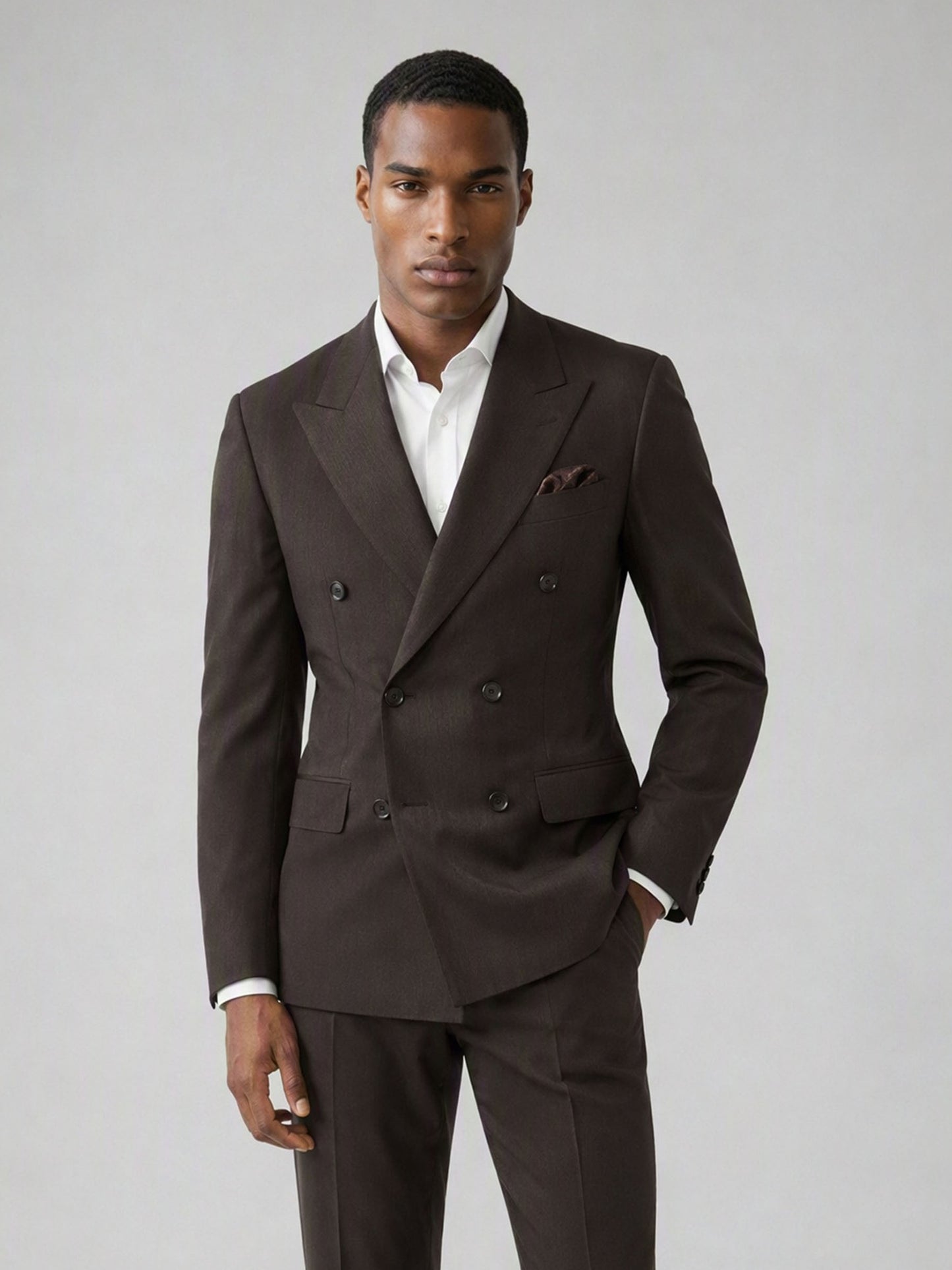 Men's Dark Brown Double-Breasted 3-Piece Suit – Upper Body Front Close-Up