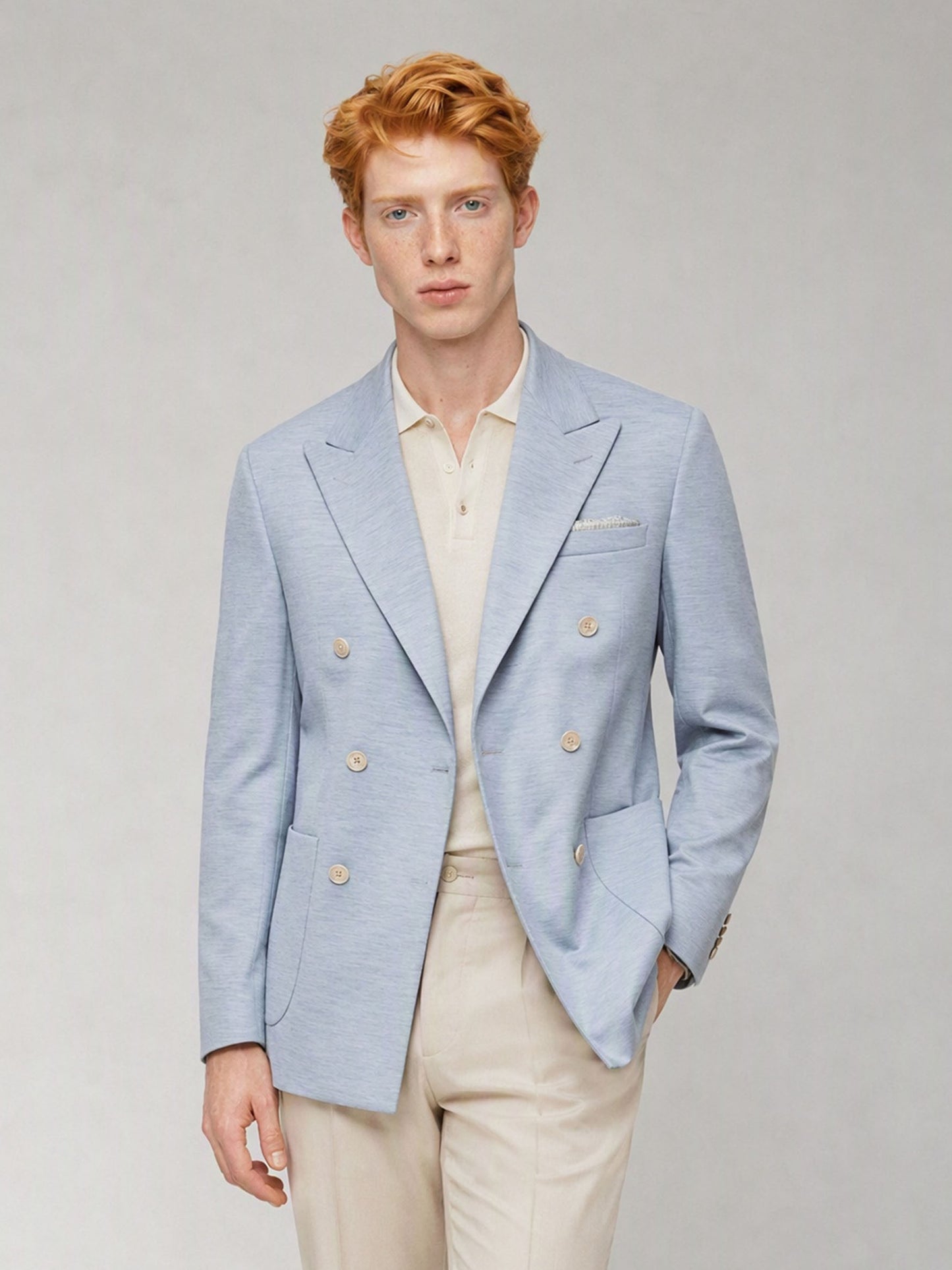 Men's Sky Blue Double-Breasted Linen Blazer – Full Body Front View