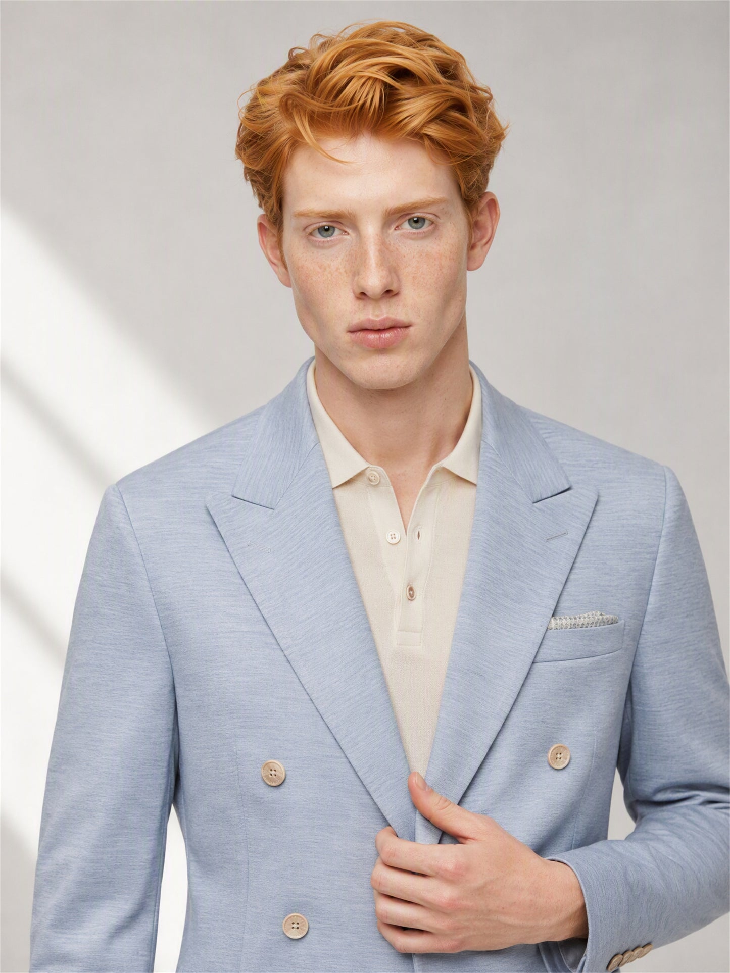 Men's Sky Blue Double-Breasted Linen Blazer – Upper Body Front Close-Up