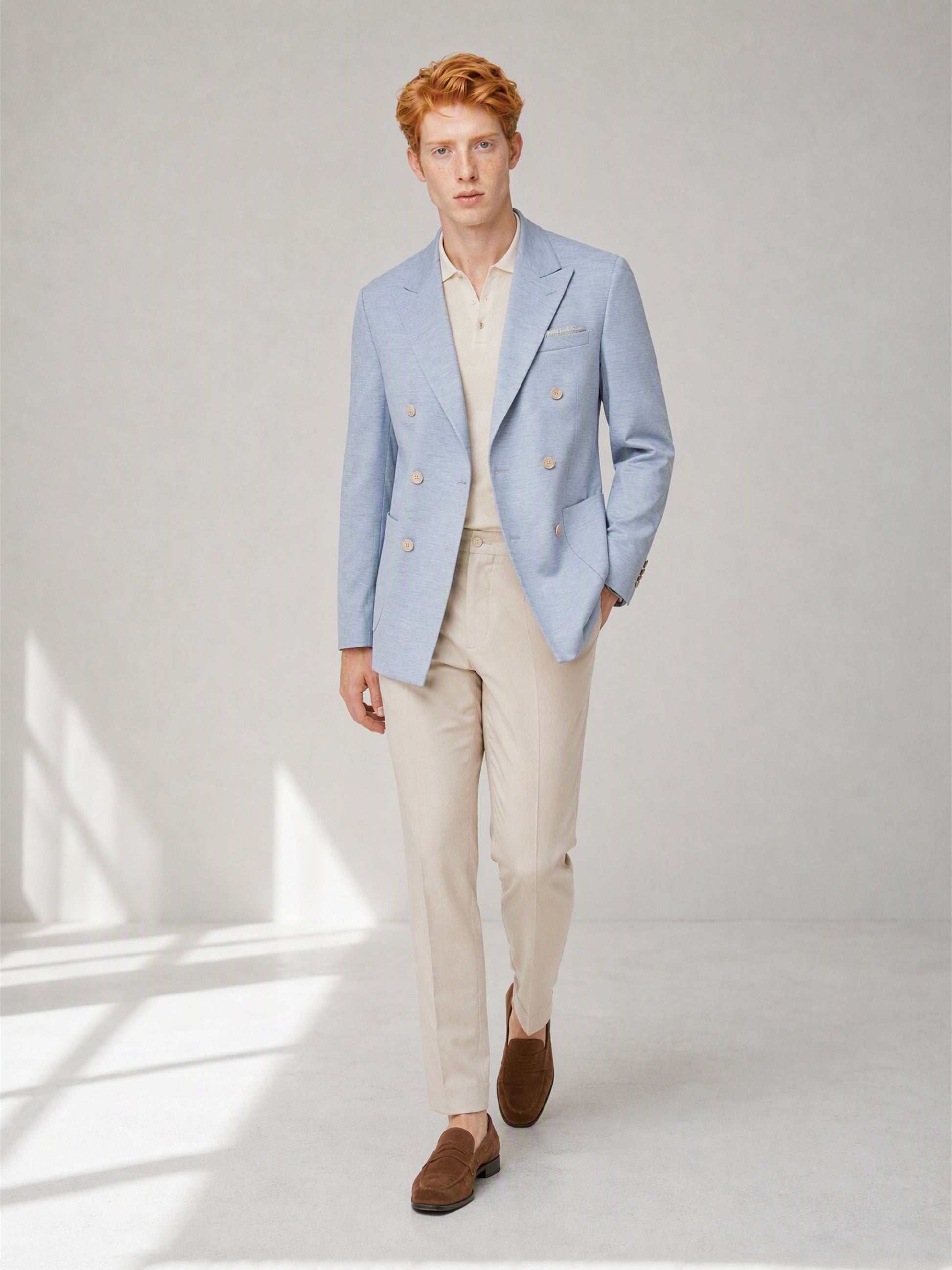 Men's Sky Blue Double-Breasted Linen Blazer – Upper Body Lapel Detail