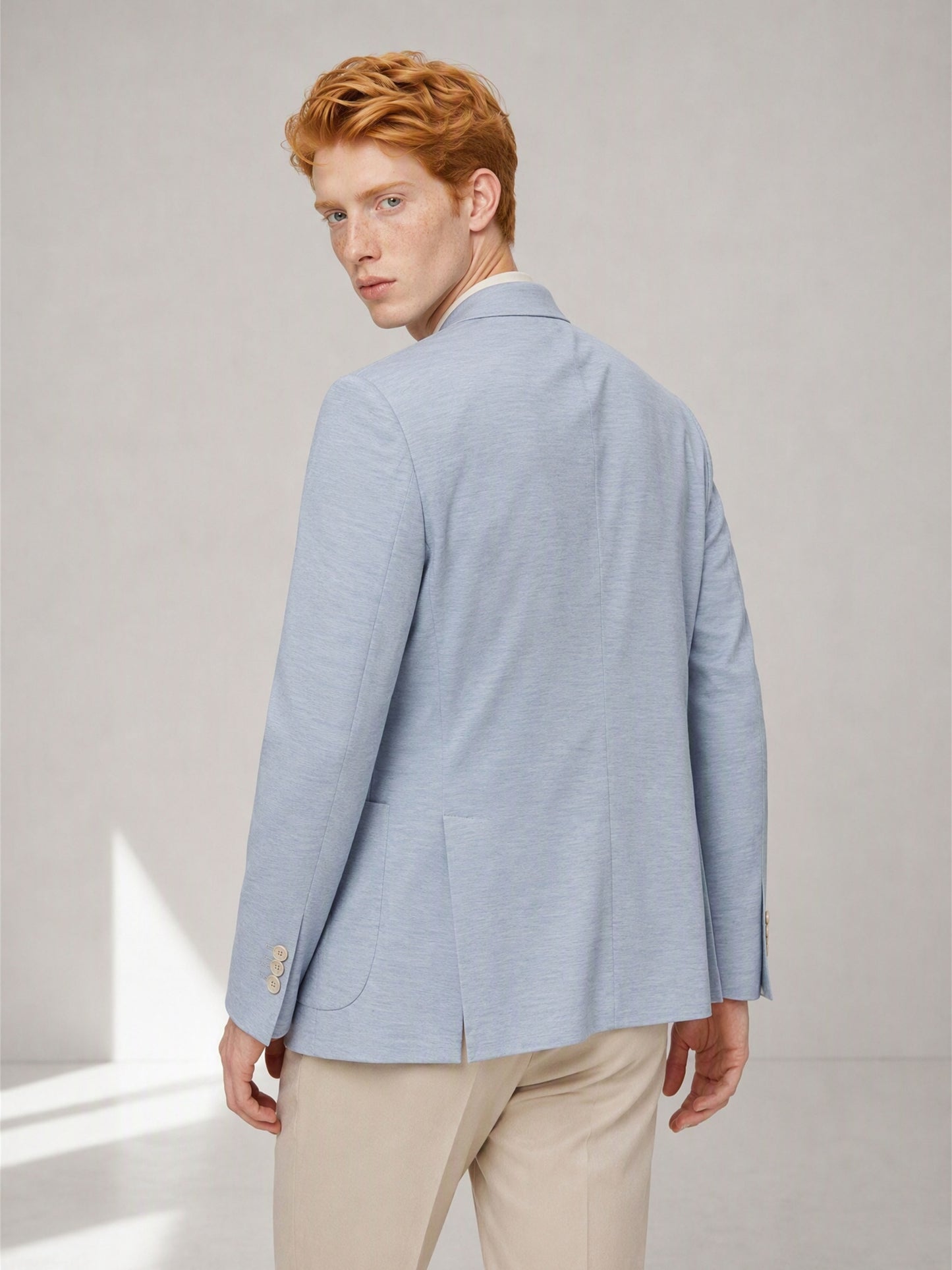 Men's Sky Blue Double-Breasted Linen Blazer – Back View