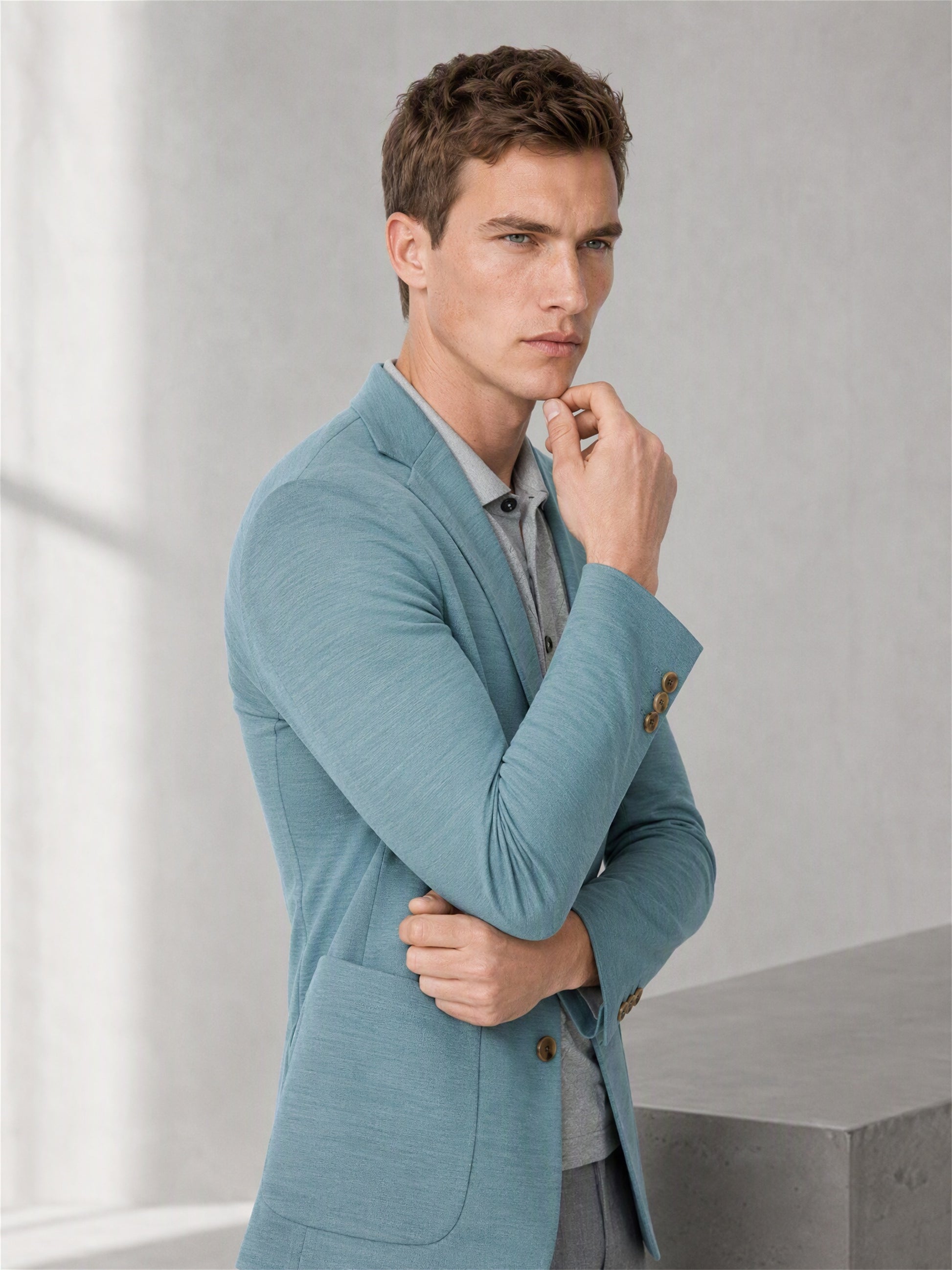 Men's Teal Blue Single-Breasted Linen Blazer – Full Body Front View