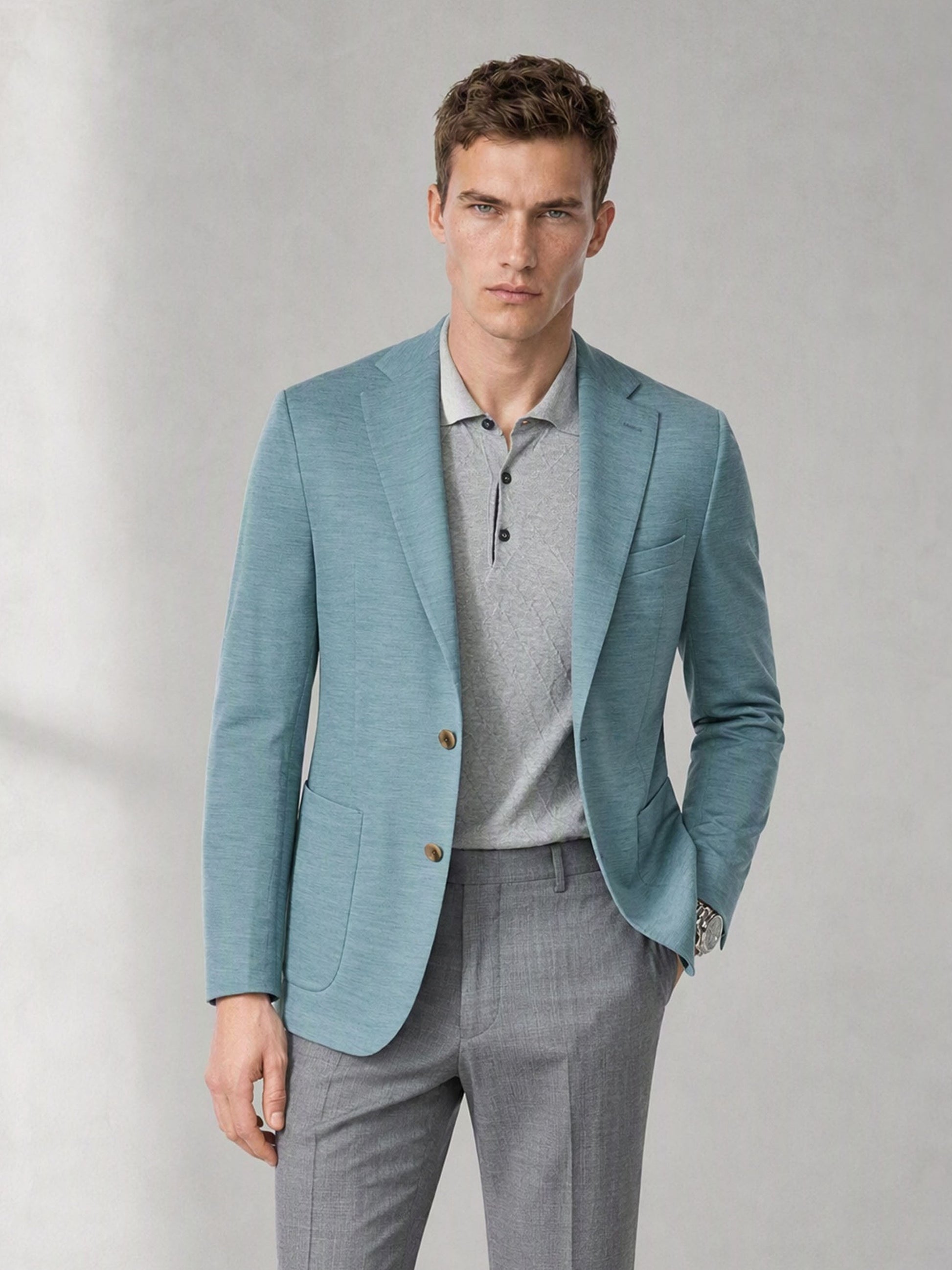 Men's Teal Blue Single-Breasted Linen Blazer – Side Thoughtful Pose