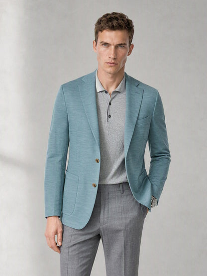 Men's Teal Blue Single-Breasted Linen Blazer – Side Thoughtful Pose